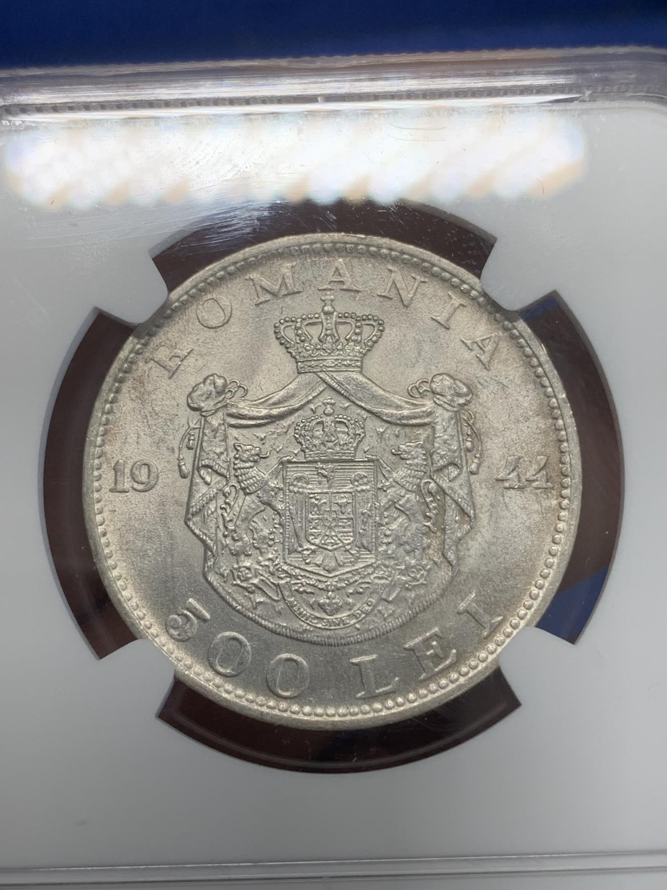 《竞宝斋》第272场- 周日，周一，周二  3场连拍 （全场包邮） NGC MS62 罗马尼亚1944年500列伊银币