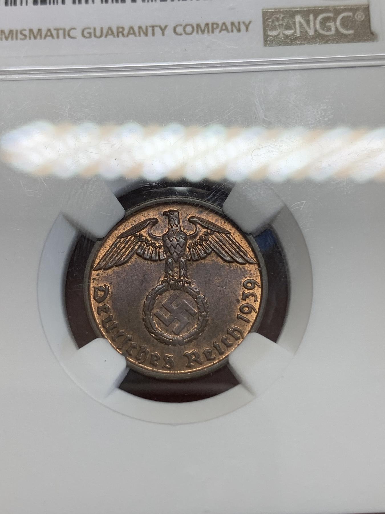 《竞宝斋》第272场- 周日，周一，周二  3场连拍 （全场包邮） NGC MS63RB 1939B德意志第三帝国2芬尼铜币