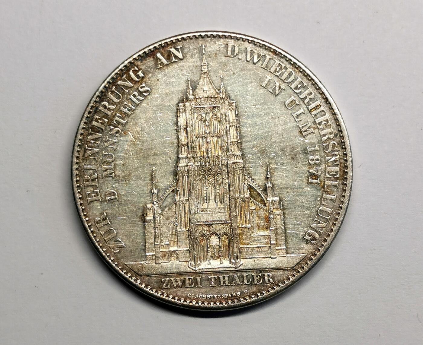 凡希社世界钱币微拍第二百七十期 1871符腾堡乌尔姆大教堂2泰勒，细节XF/AU