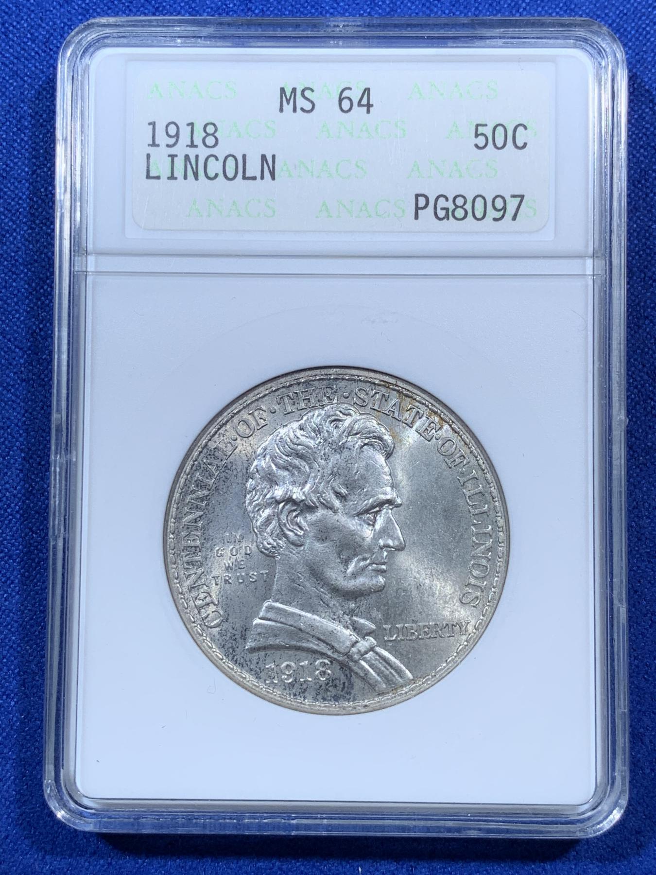 《竞宝斋》第272场- 周日，周一，周二  3场连拍 （全场包邮） ANACS MS64 美国 1918年 林肯半美元银币 纪念币 经典设计 50美分中不可或缺的一枚 早期小白盒 状态很好