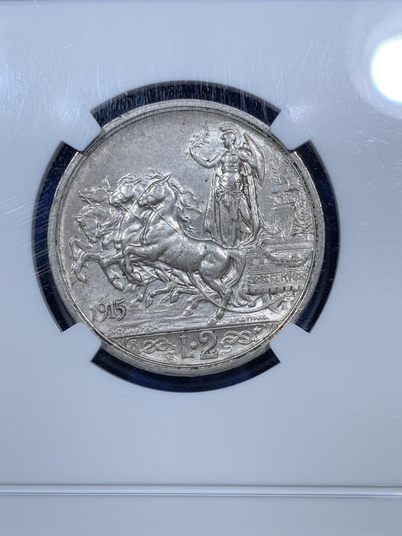 《竞宝斋》第272场- 周日，周一，周二  3场连拍 （全场包邮） NGC MS62 意大利1915年小马车2里拉银币 经典品种 意系入门必备