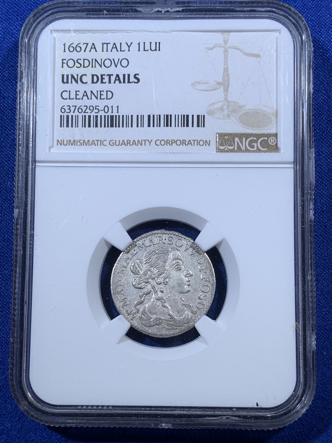 《竞宝斋》第272场- 周日，周一，周二  3场连拍 （全场包邮） 两枚一组 NGC UNCD 意大利早期Tassarolo邦和Fosdinovo邦的1luigino。很小很少见的两个邦国，几乎查不到资料，模仿法国1/12ecu铸造的。裸币来自英国老藏家的收藏，打了盒子给了UNCD，看着有机会ms，评级费太贵了，按照uncd的价格出