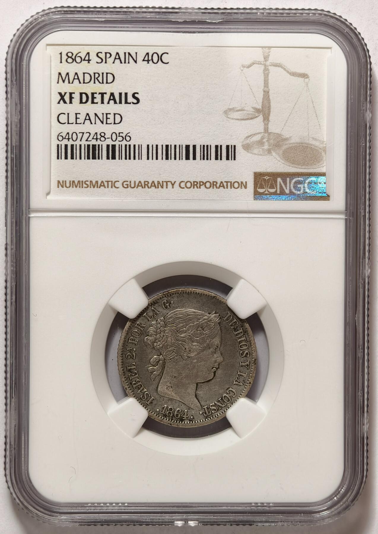 紫瑗钱币——第374期拍卖 西班牙 1864年 伊莎贝拉二世 40分 银币 NGC XF Detail