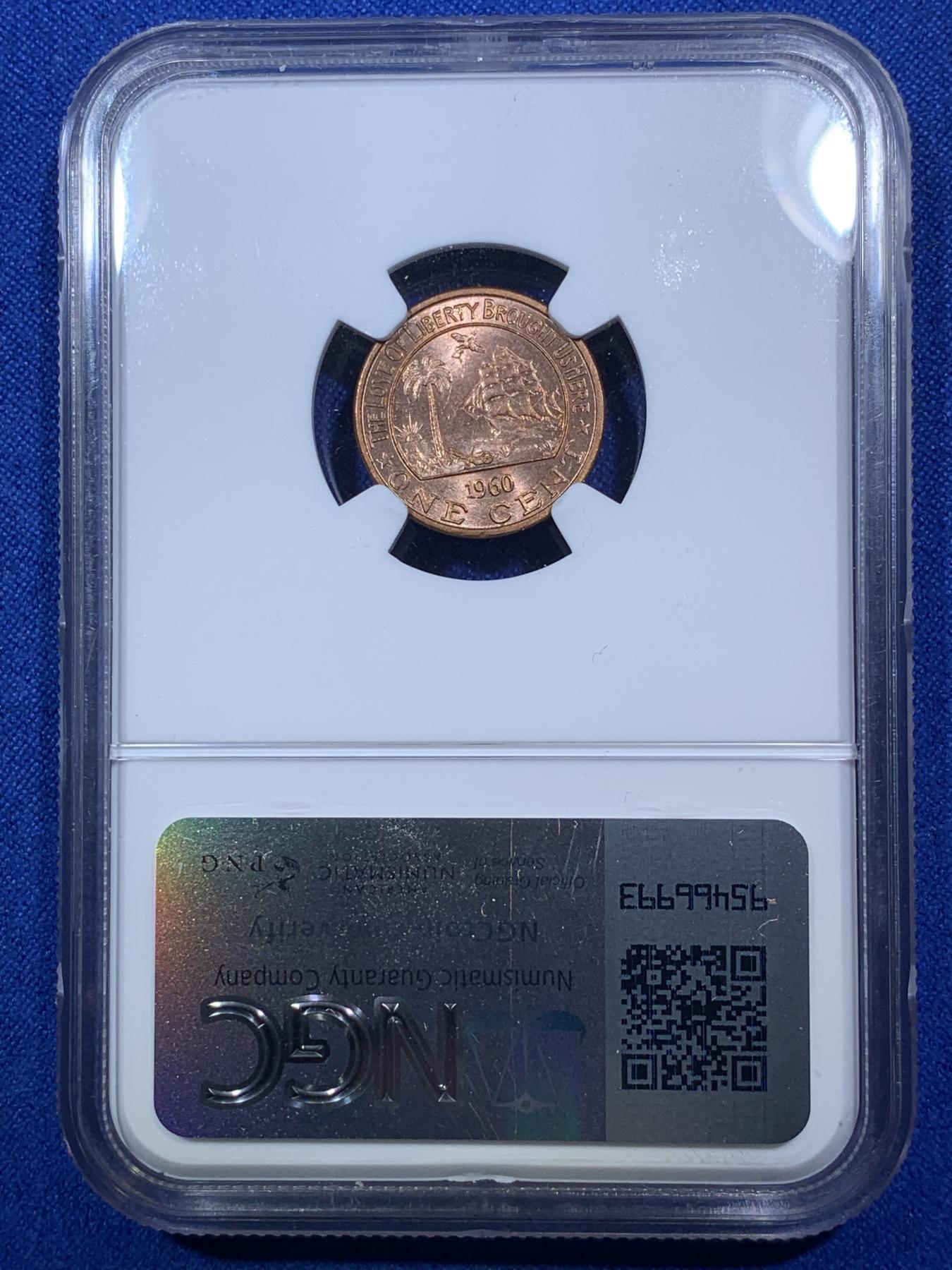 《竞宝斋》第272场- 周日，周一，周二  3场连拍 （全场包邮） NGC MS64RB 利比里亚1960年大象1分小铜币