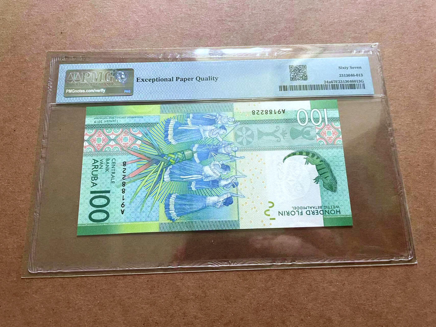 【Blue Auction】✨世界纸币精拍第482期【精】 【获奖钞 A冠无47】阿鲁巴 2019年100弗罗林 PMG67EPQ 高分 大蜥蜴