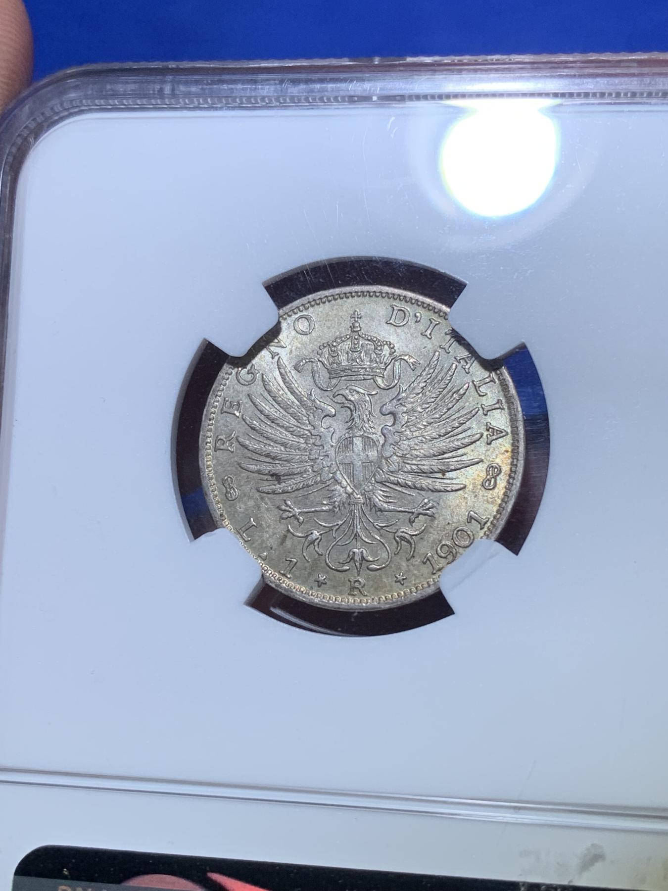 《竞宝斋》第272场- 周日，周一，周二  3场连拍 （全场包邮） NGC MS62 1901年意大利埃马努埃三世1里拉银币 精致漂亮的帝国鹰