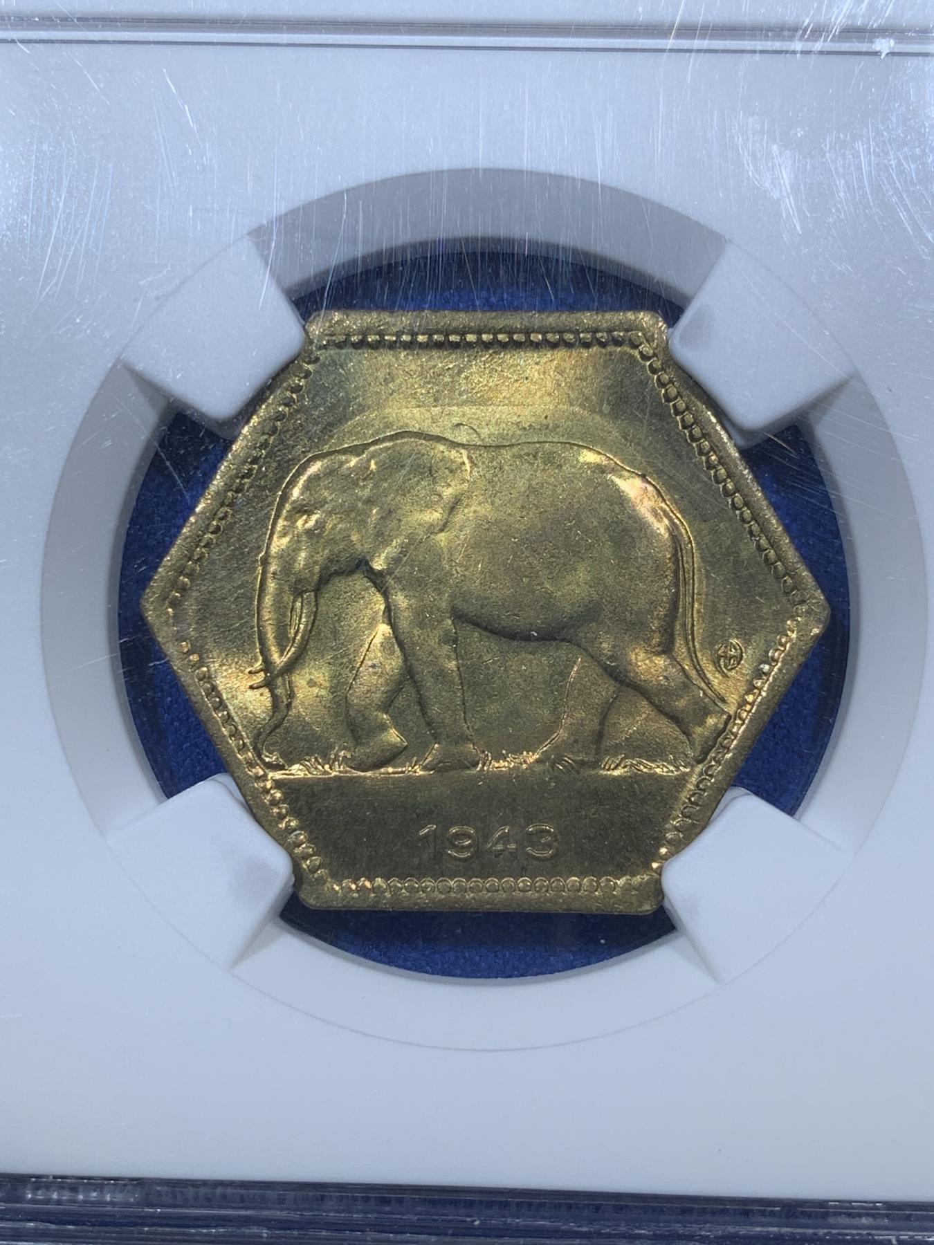 《竞宝斋》第272场- 周日，周一，周二  3场连拍 （全场包邮） NGC MS64 比属刚果1943年六边形大象2法郎 全原光少见