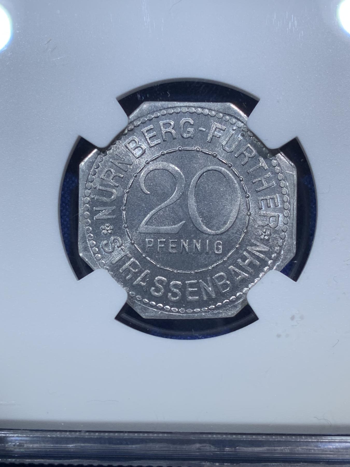 《竞宝斋》第272场- 周日，周一，周二  3场连拍 （全场包邮） NGC MS64 1920年德国紧急状态时期纽伦堡20芬尼代币 景观系列