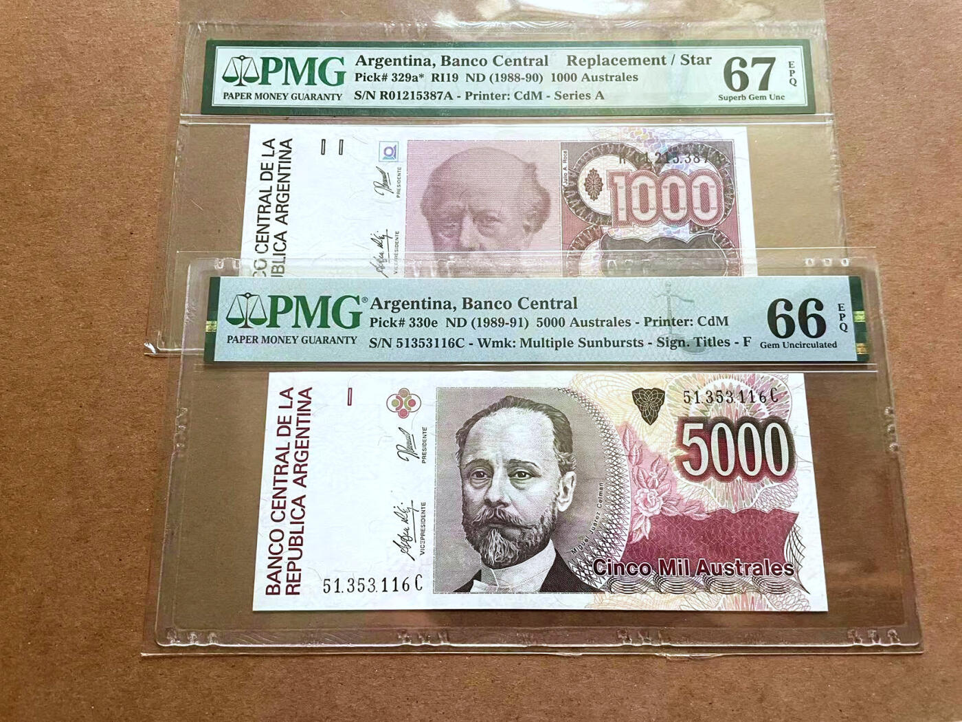 【Blue Auction】✨世界纸币精拍第482期【精】 【一组2张 含补号】阿根廷 1988-91年1000-5000Australes PMG67EPQ-66EPQ