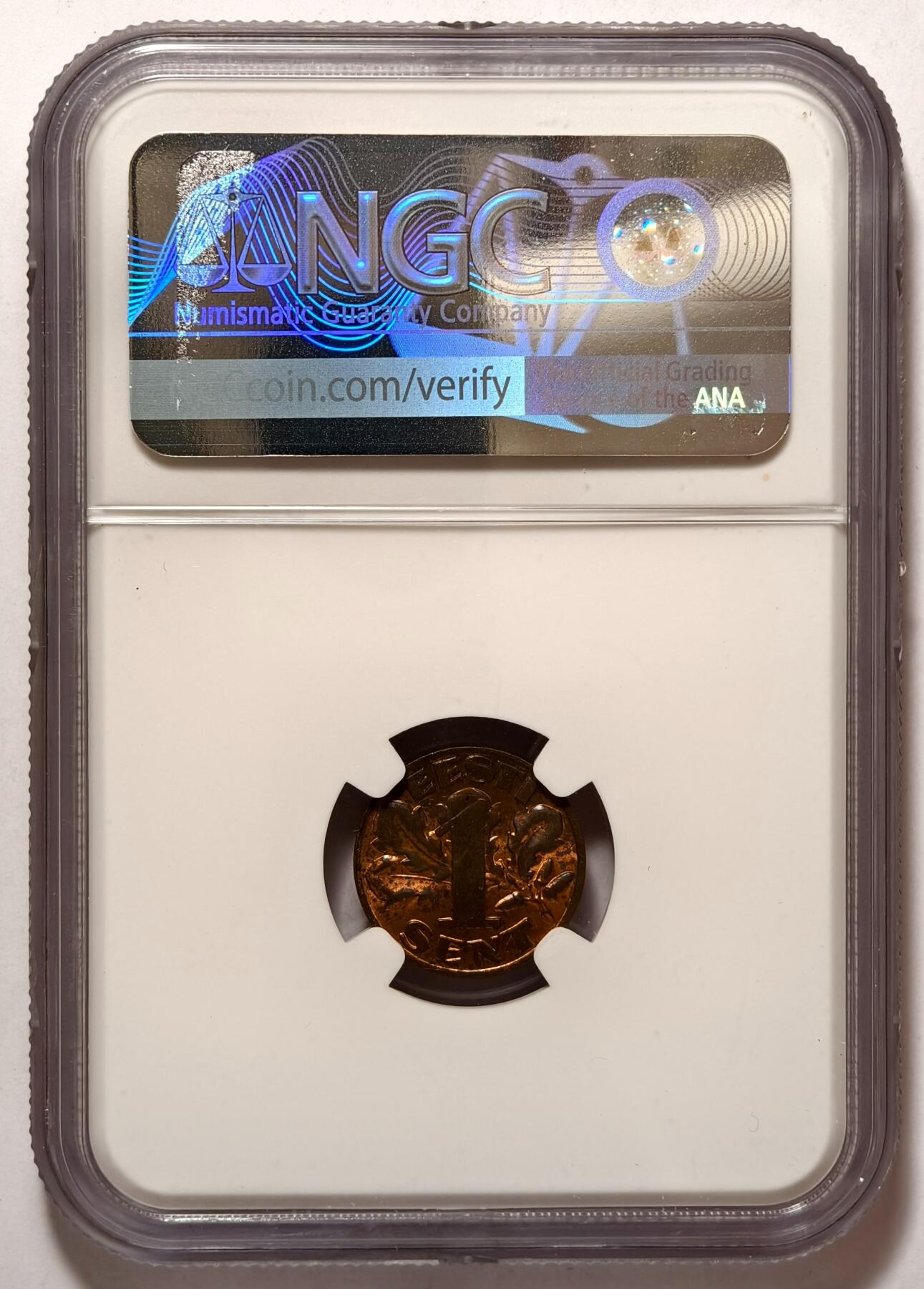 紫瑗钱币——第464期 爱沙尼亚 1929年 1生丁 铜币 NGC MS62 RB