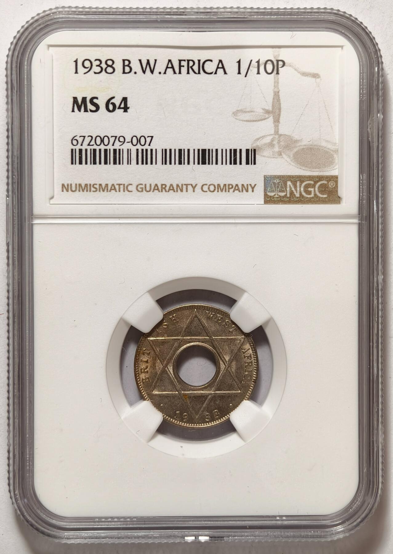 紫瑗钱币——第374期拍卖 英属西非 1938年 乔治六世 1/10便士 白铜币 NGC MS64