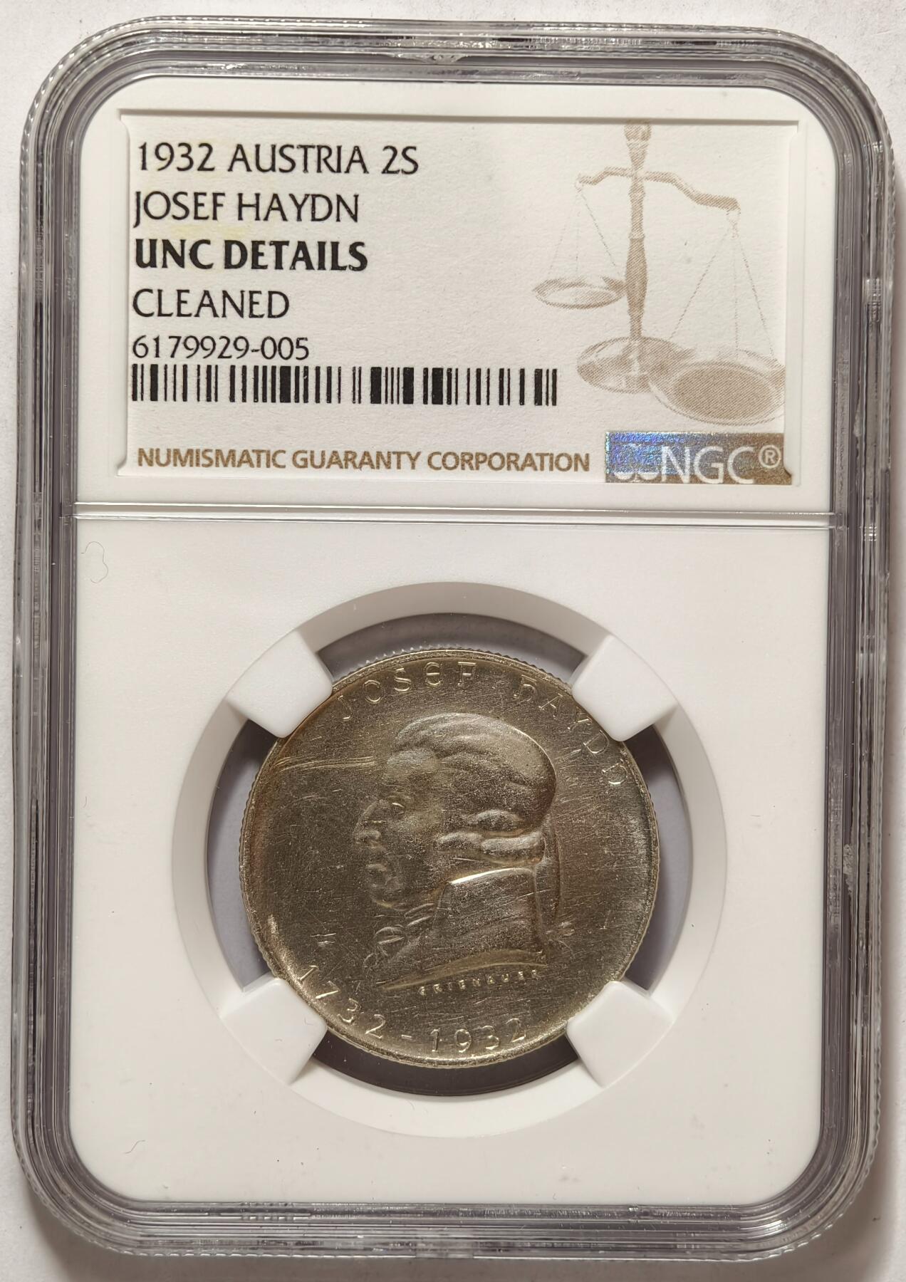紫瑗钱币——第464期 奥地利 1932年 约瑟夫·海顿 2先令 银币 NGC UNC Detail
