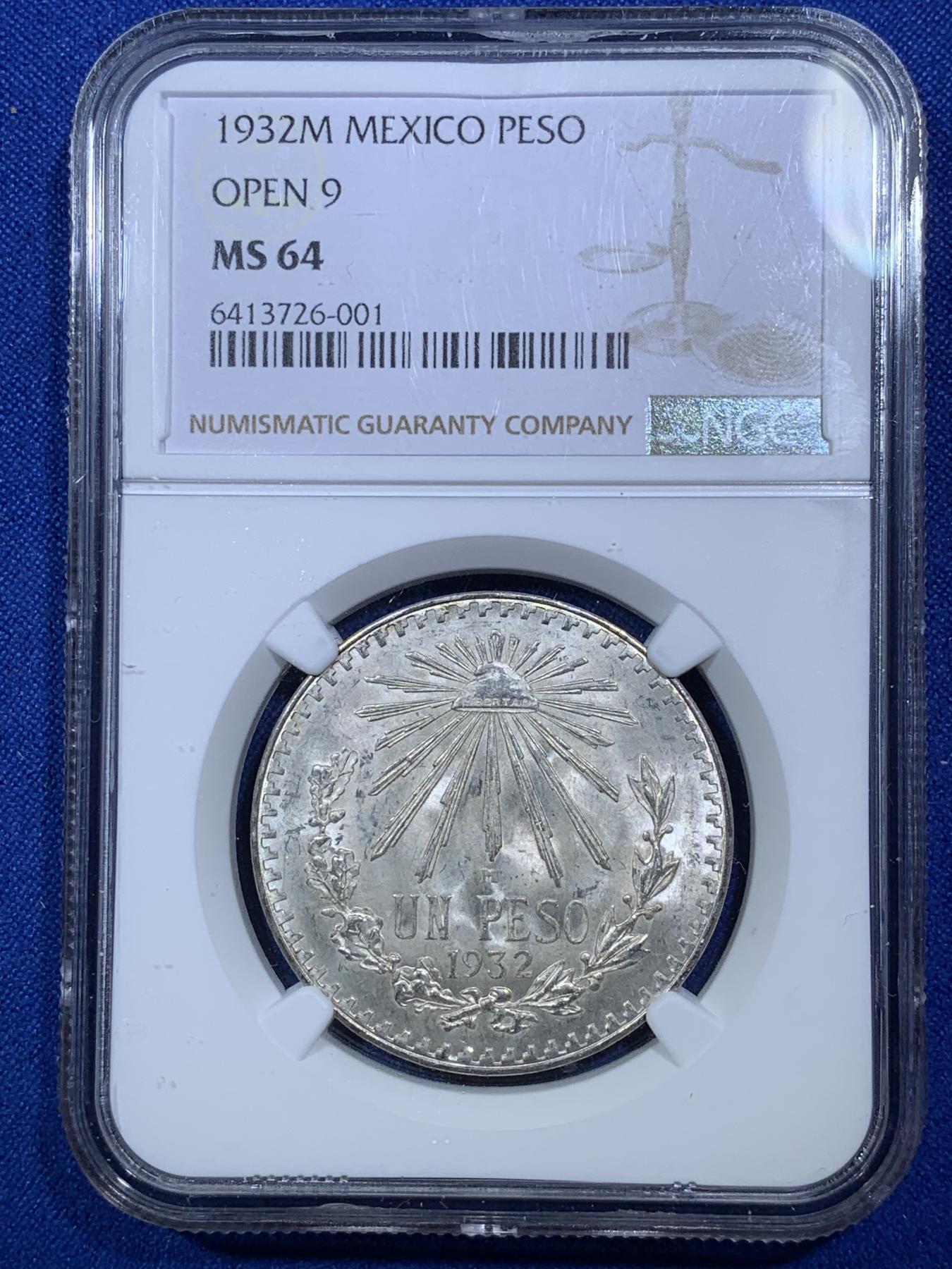 《竞宝斋》第272场- 周日，周一，周二  3场连拍 （全场包邮） NGC MS64 墨西哥1932年鹰洋1比索银币