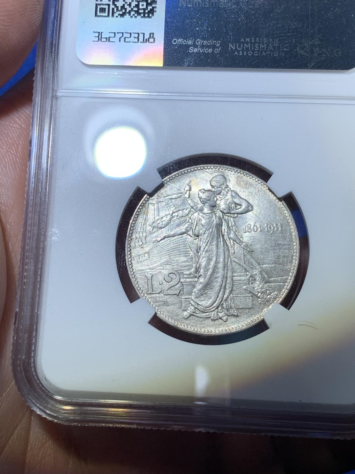 《竞宝斋》第272场- 周日，周一，周二  3场连拍 （全场包邮） NGC AU58 意大利 1911 二里拉银币 托奶 埃马努埃莱三世 罗马厂 经典设计 建国纪念币