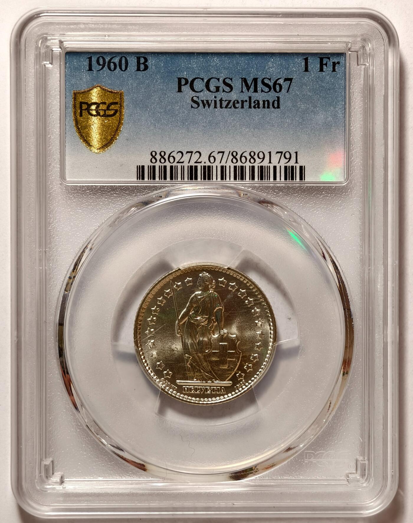 紫瑗钱币——第374期拍卖 瑞士 1960年 赫尔维蒂亚 1法郎 银币 PCGS MS67