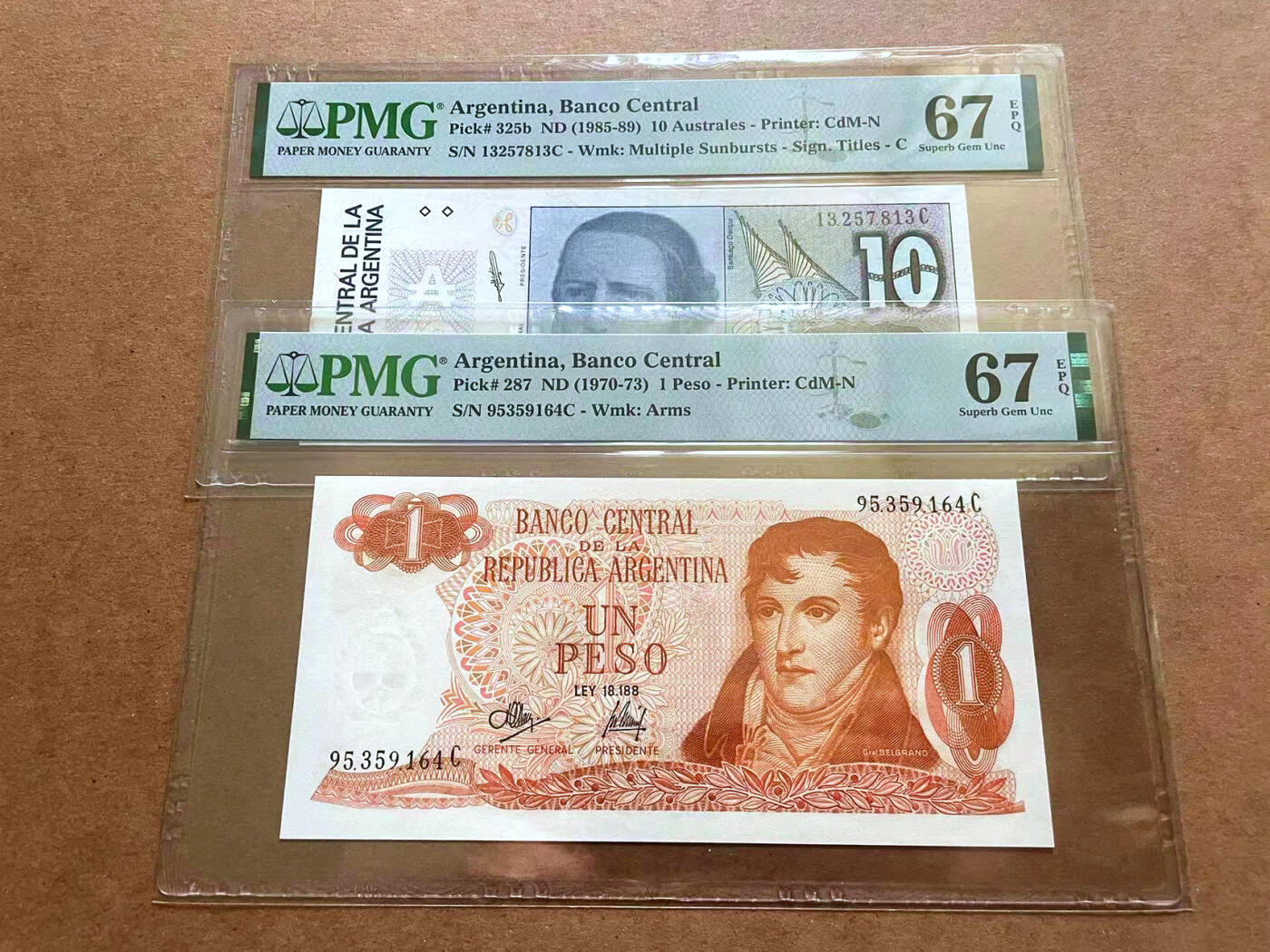 【Blue Auction】✨世界纸币精拍第482期【精】 【一组2张】阿根廷 1970-89年10Australes/1比索 PMG67EPQ 高分