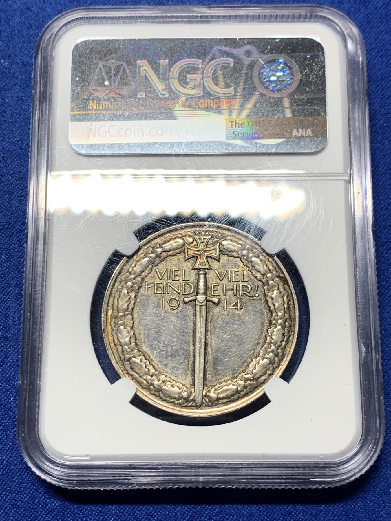 《竞宝斋》第272场- 周日，周一，周二  3场连拍 （全场包邮） NGC MS61 德国1914年巴伐利亚纪念一战开战五彩银章