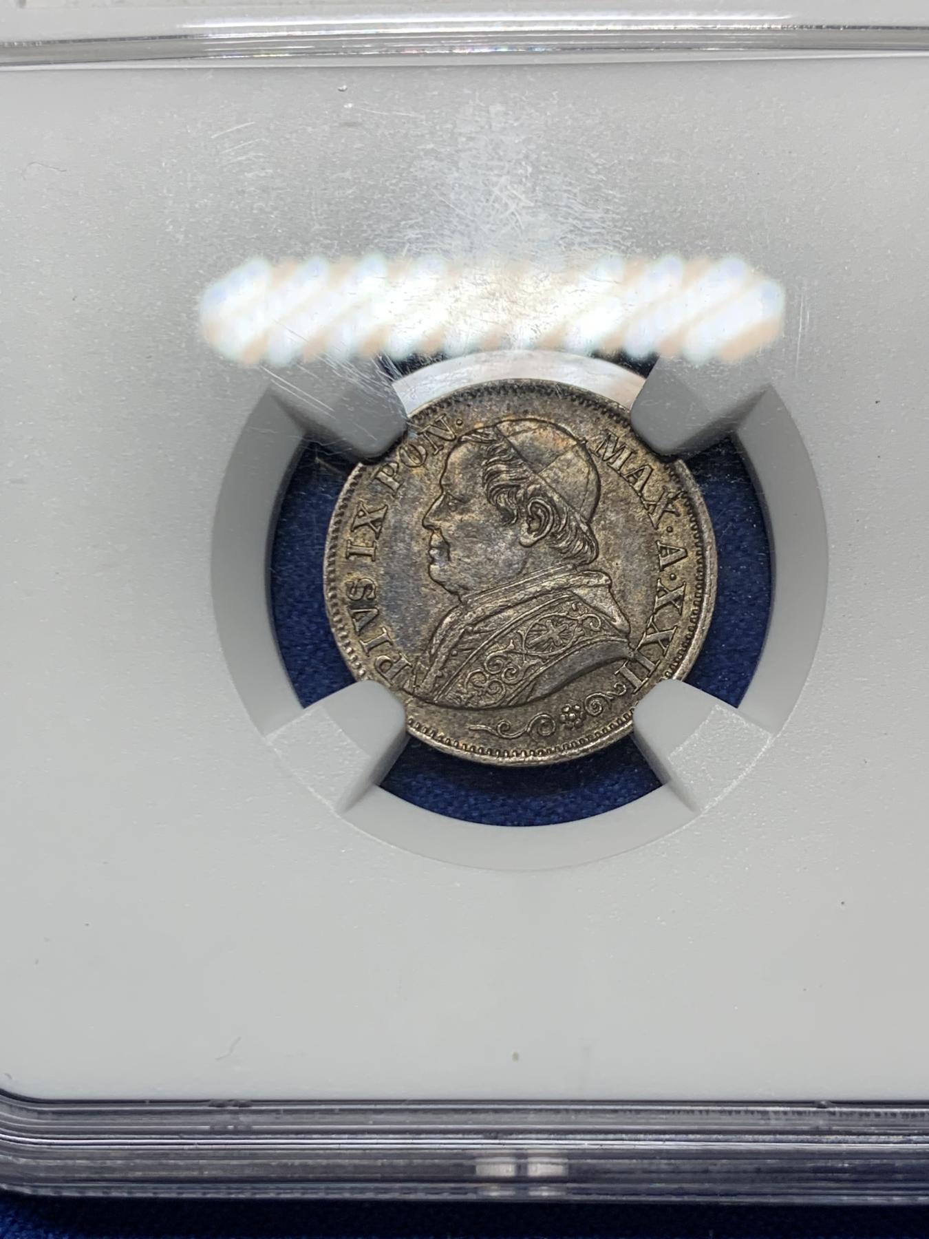 《竞宝斋》第272场- 周日，周一，周二  3场连拍 （全场包邮） NGC AU58 1868年意大利教皇国10S银币 包浆均匀漂亮