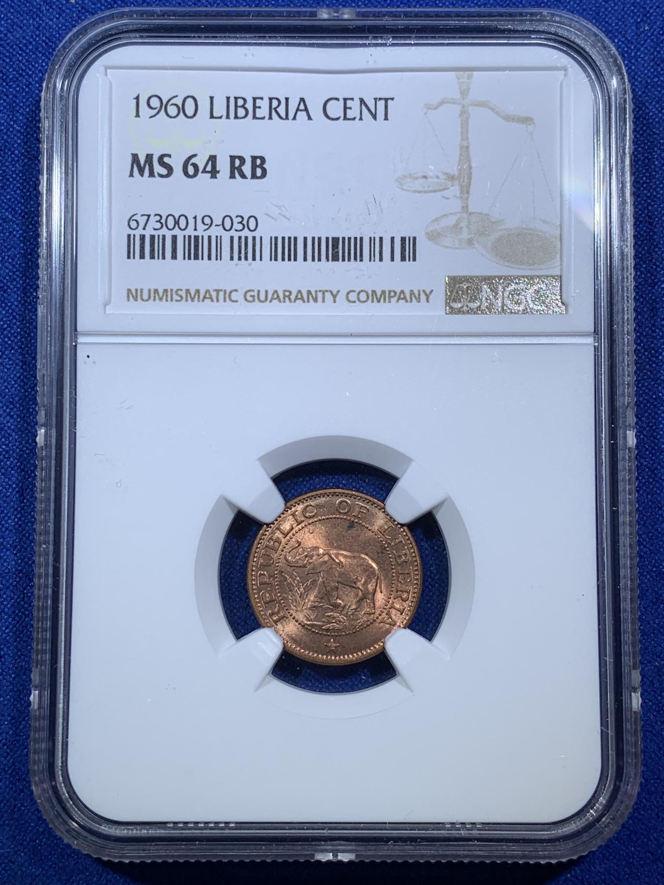 《竞宝斋》第272场- 周日，周一，周二  3场连拍 （全场包邮） NGC MS64RB 利比里亚1960年大象1分小铜币