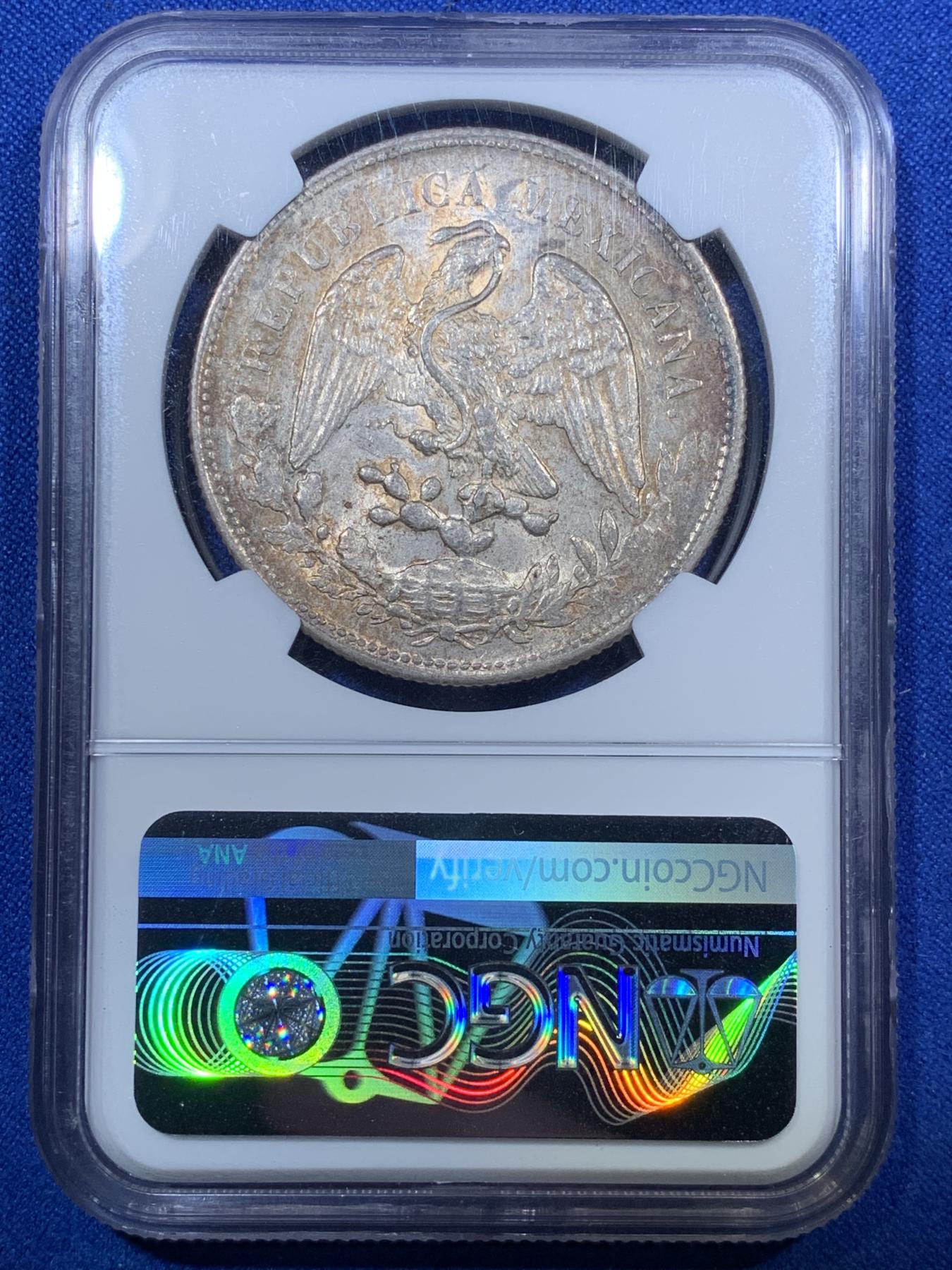 《竞宝斋》第272场- 周日，周一，周二  3场连拍 （全场包邮） NGC MS62 墨西哥1901年ZS厂直边鹰洋8R银币 淡彩 鹰面金包浆 压印还不错 羽毛比较全