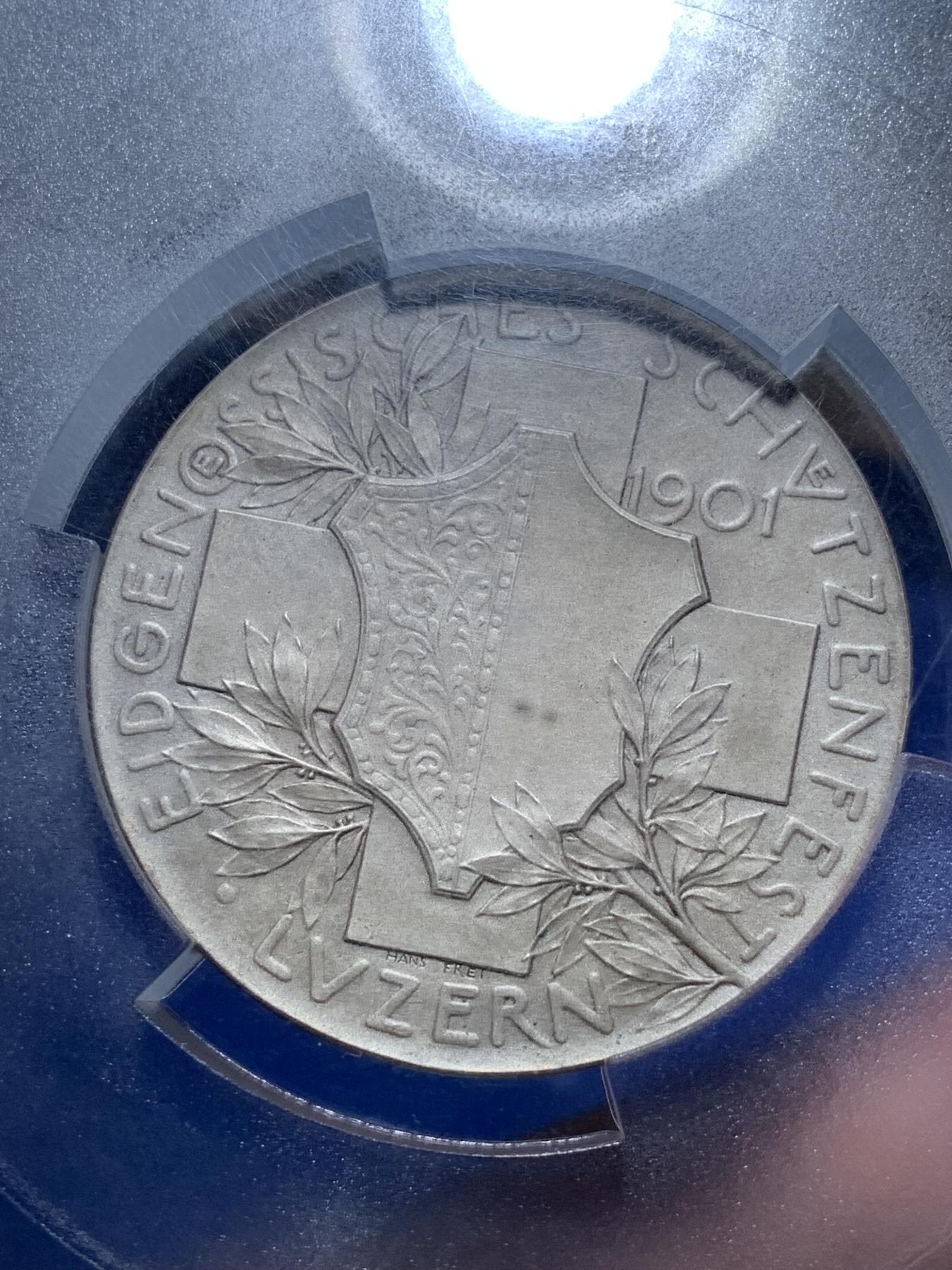 《竞宝斋》第272场- 周日，周一，周二  3场连拍 （全场包邮） PCGS SP65 瑞士1901年琉森射击节海尔维谛女神大银章 顶级品相状态 PCGS大盒封装