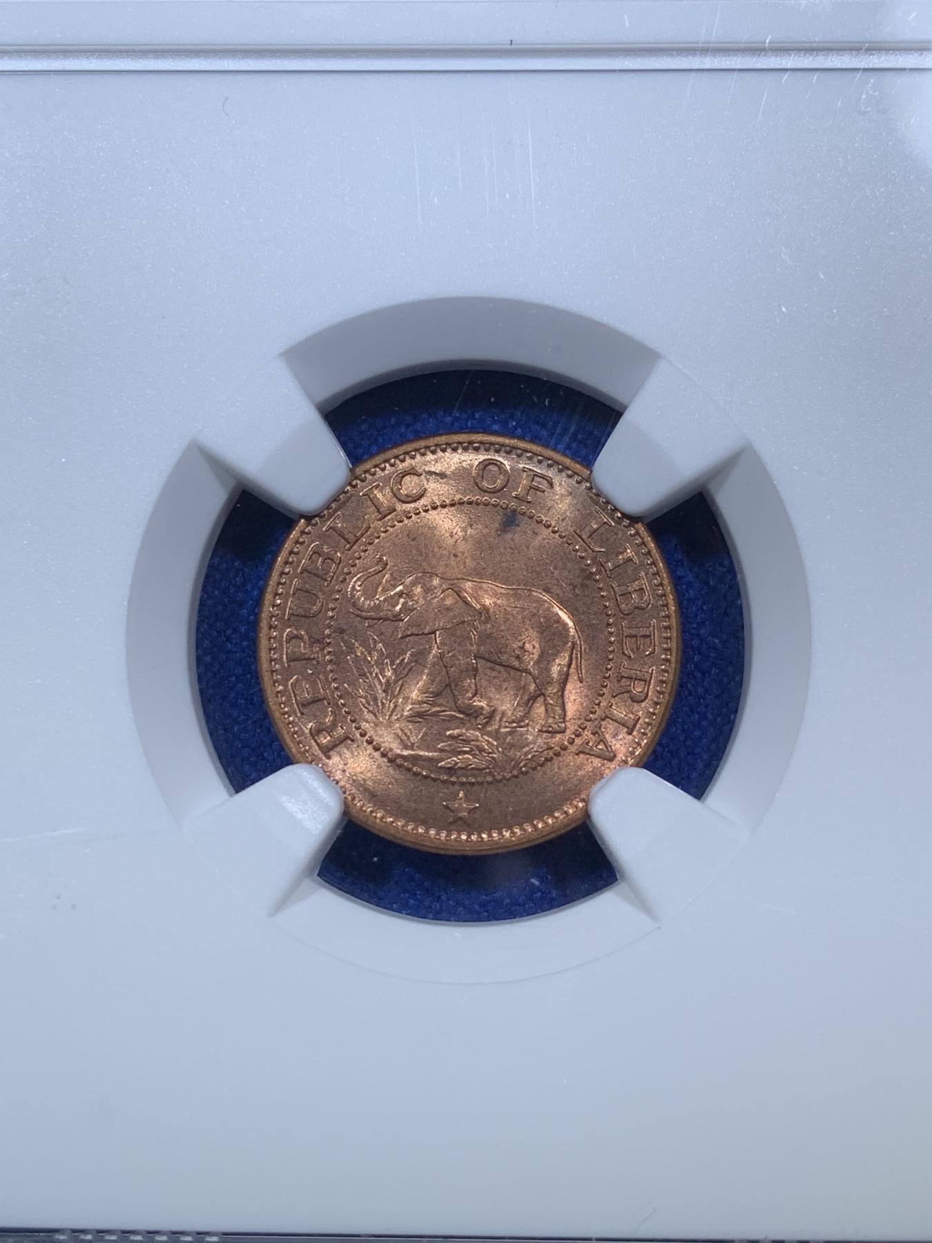 《竞宝斋》第272场- 周日，周一，周二  3场连拍 （全场包邮） NGC MS64RB 利比里亚1960年大象1分小铜币