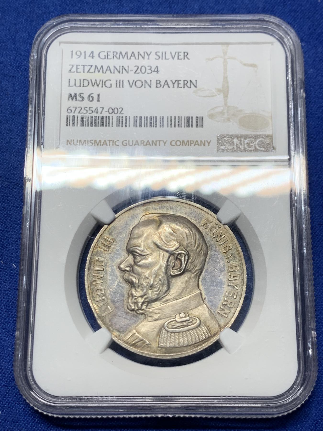 《竞宝斋》第272场- 周日，周一，周二  3场连拍 （全场包邮） NGC MS61 德国1914年巴伐利亚纪念一战开战五彩银章