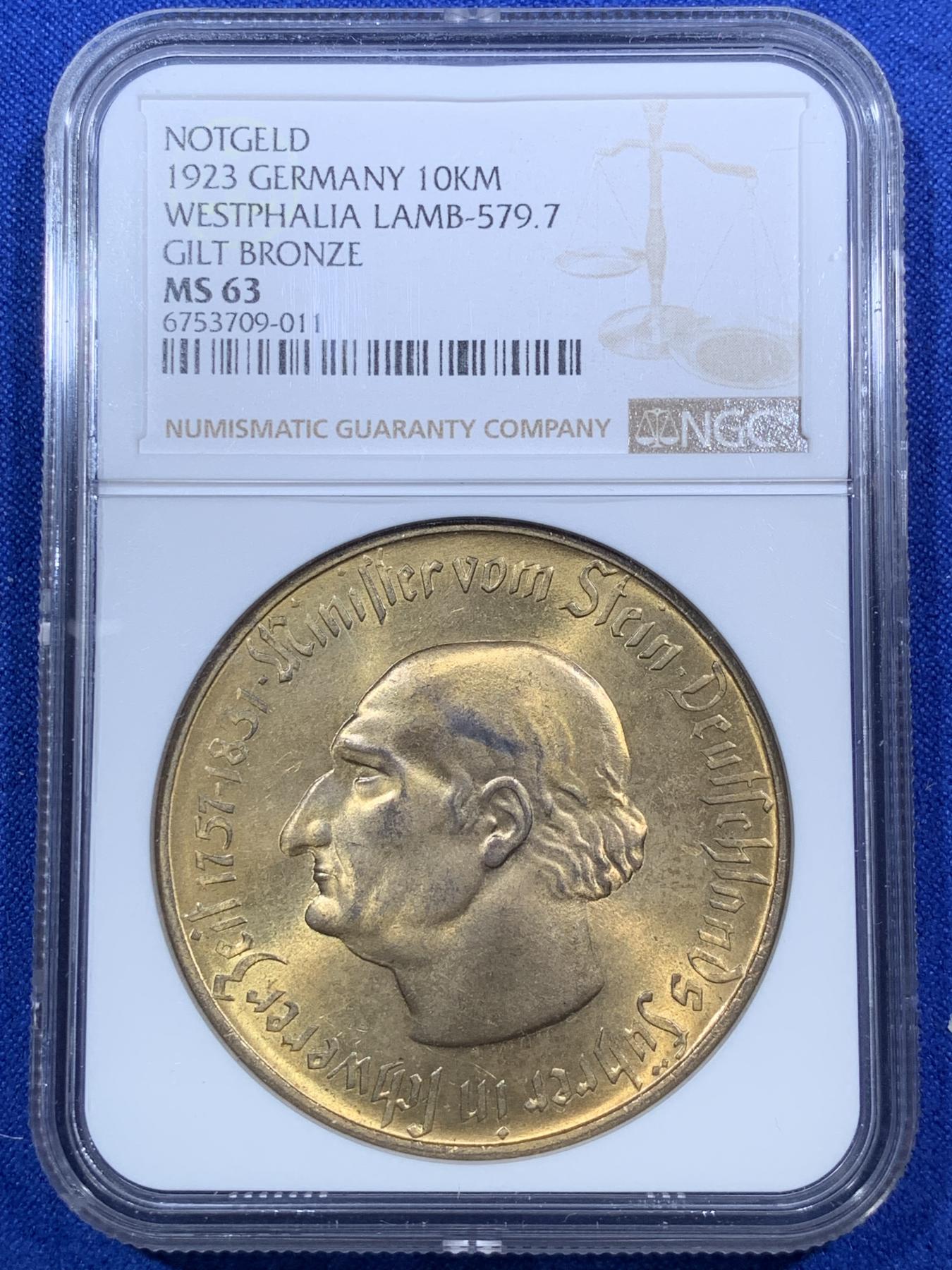 《竞宝斋》第272场- 周日，周一，周二  3场连拍 （全场包邮） NGC MS63 魏玛德国1923年10000马克镀金紧急货币 品相好