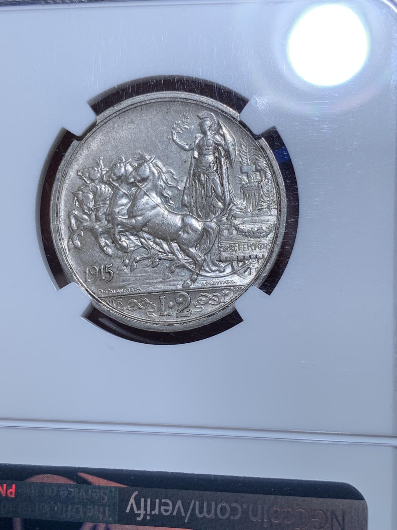 《竞宝斋》第272场- 周日，周一，周二  3场连拍 （全场包邮） NGC MS62 意大利1915年小马车2里拉银币 经典品种 意系入门必备