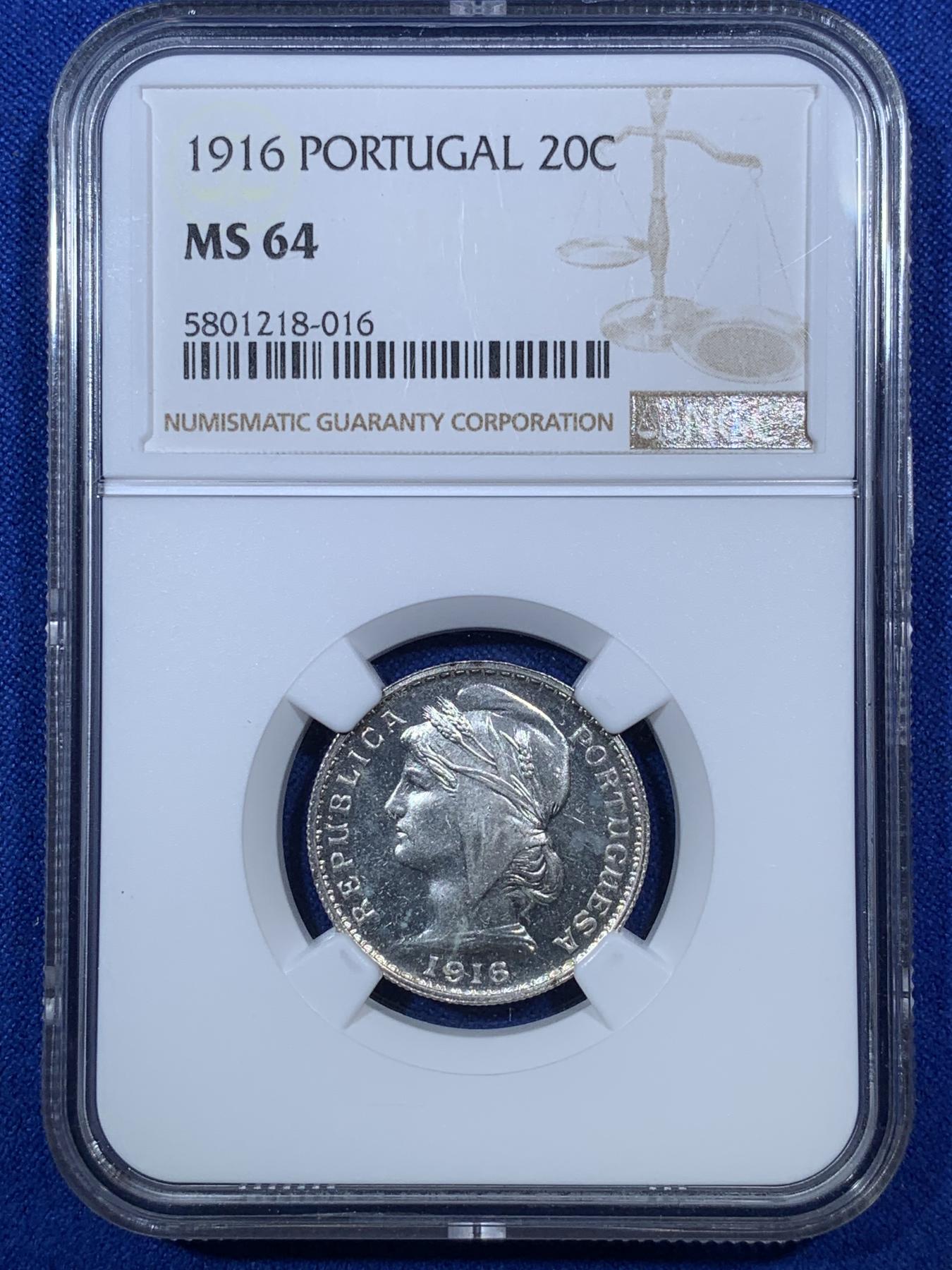 《竞宝斋》第272场- 周日，周一，周二  3场连拍 （全场包邮） NGC MS64 葡萄牙1916年20分银币 高分稀少