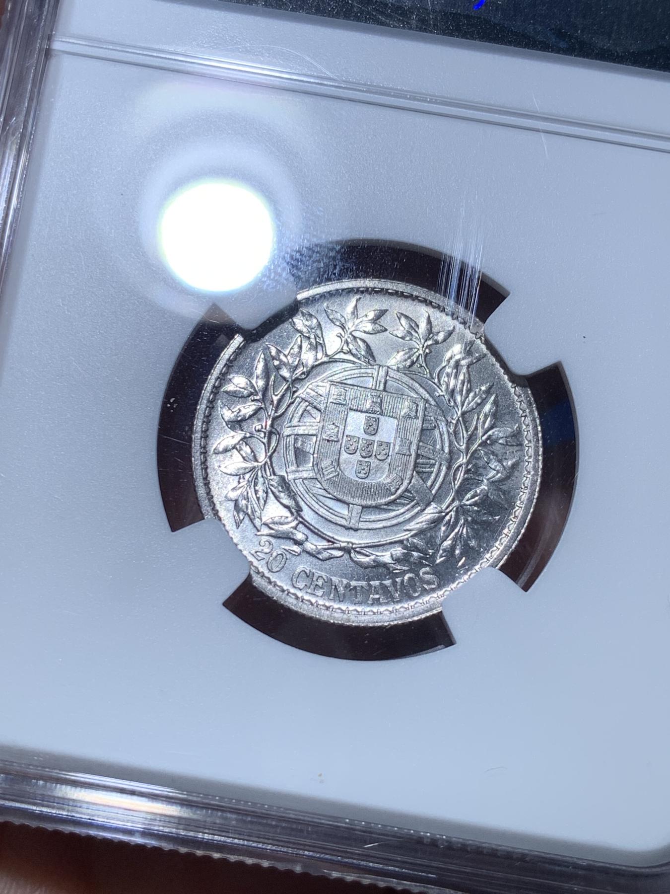 《竞宝斋》第272场- 周日，周一，周二  3场连拍 （全场包邮） NGC MS64 葡萄牙1916年20分银币 高分稀少