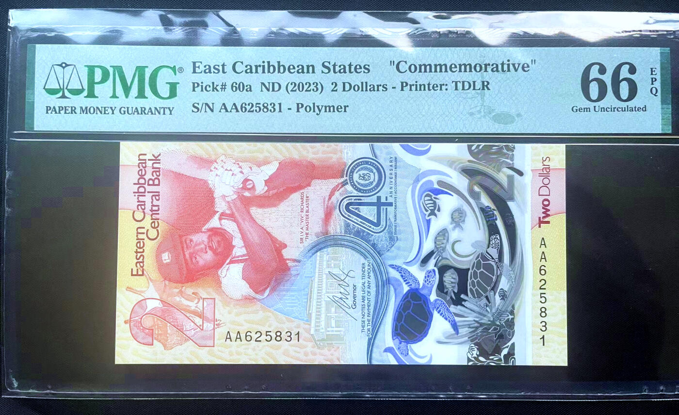 【Blue Auction】✨世界纸币精拍第482期【精】 【AA冠无47 获奖钞】东加勒比 2023年2元 PMG66EPQ 纪念钞