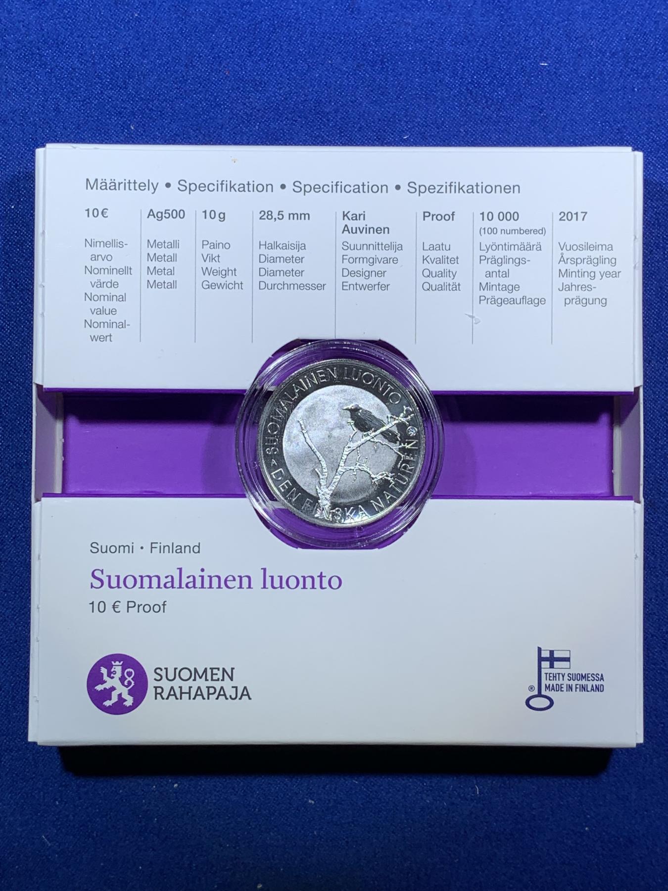 《竞宝斋》第272场- 周日，周一，周二  3场连拍 （全场包邮） 芬兰 2017年 独立百年 野生动物保护系列 小乌鸦 10欧元 精制银币 发行量仅一万 稀少