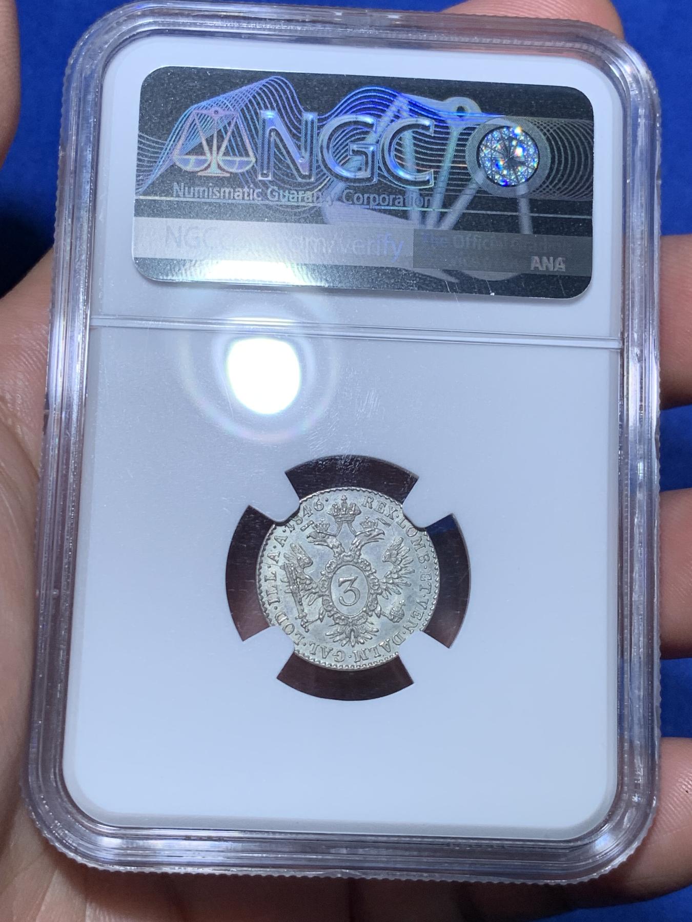 《竞宝斋》第272场- 周日，周一，周二  3场连拍 （全场包邮） NGC MS64 1846年奥地利帝国费迪南一世3科鲁泽银币