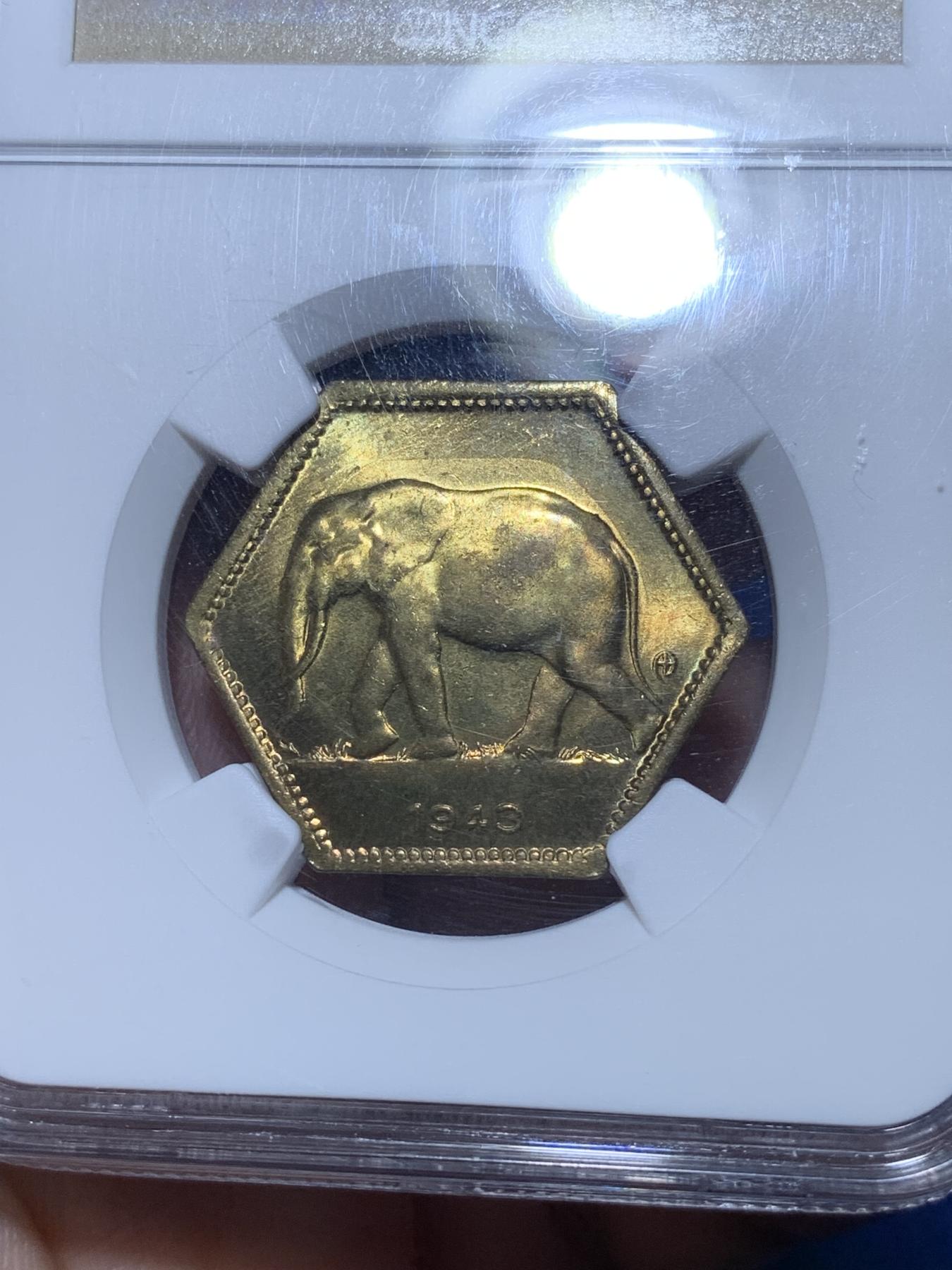 《竞宝斋》第272场- 周日，周一，周二  3场连拍 （全场包邮） NGC MS64 比属刚果1943年六边形大象2法郎 全原光少见