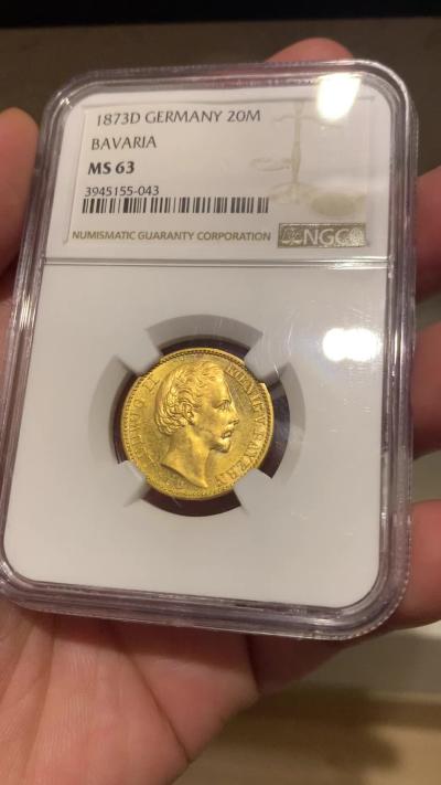 《竞宝斋》第272场- 周日，周一，周二  3场连拍 （全场包邮） NGC MS63 德国巴伐利亚1873 路德维希二世 20马克金币 首拍品种 非常难得
