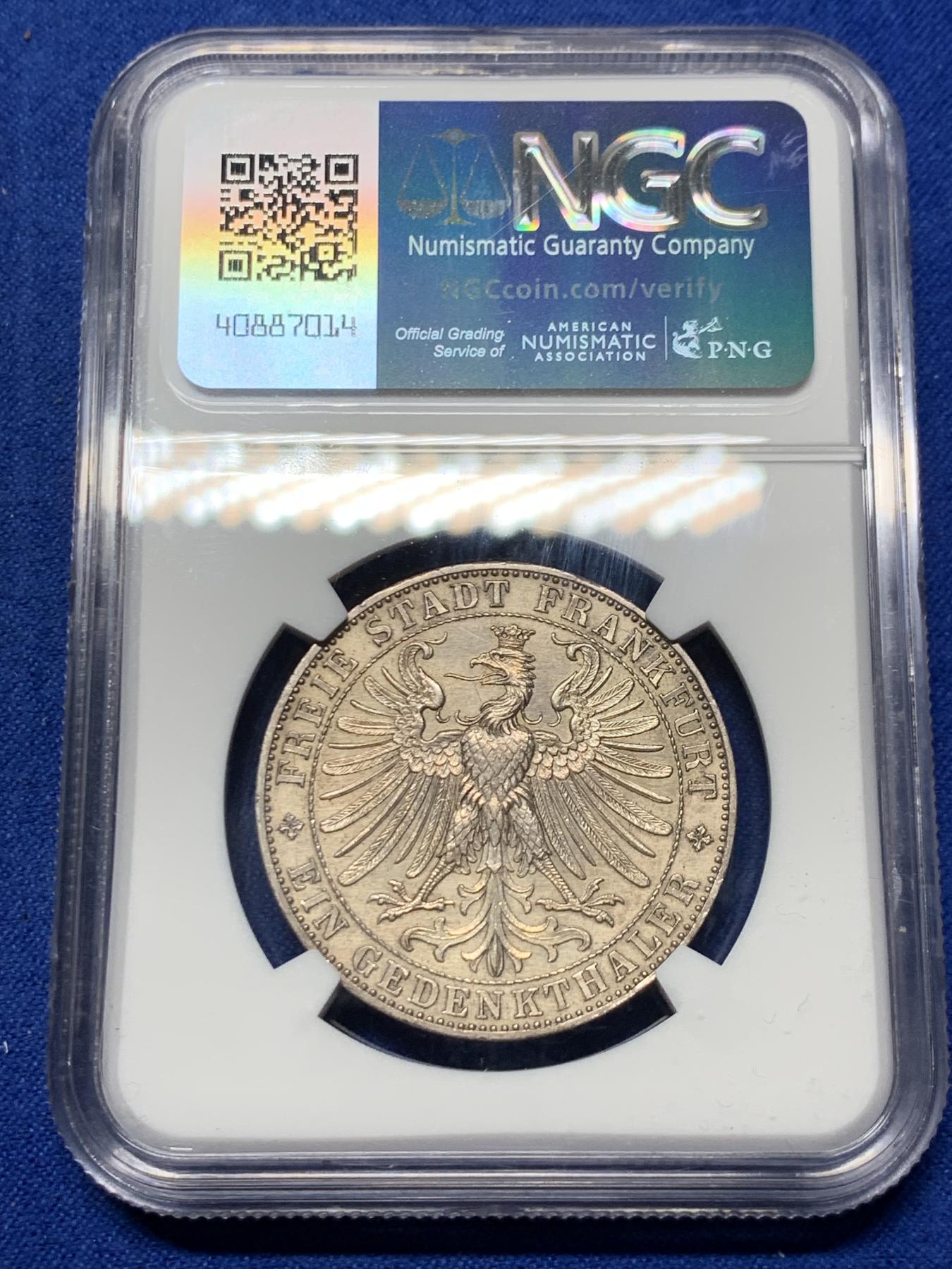 《竞宝斋》第272场- 周日，周一，周二  3场连拍 （全场包邮） NGC UNCD 德国1863年法兰克福王子议会1泰勒银币