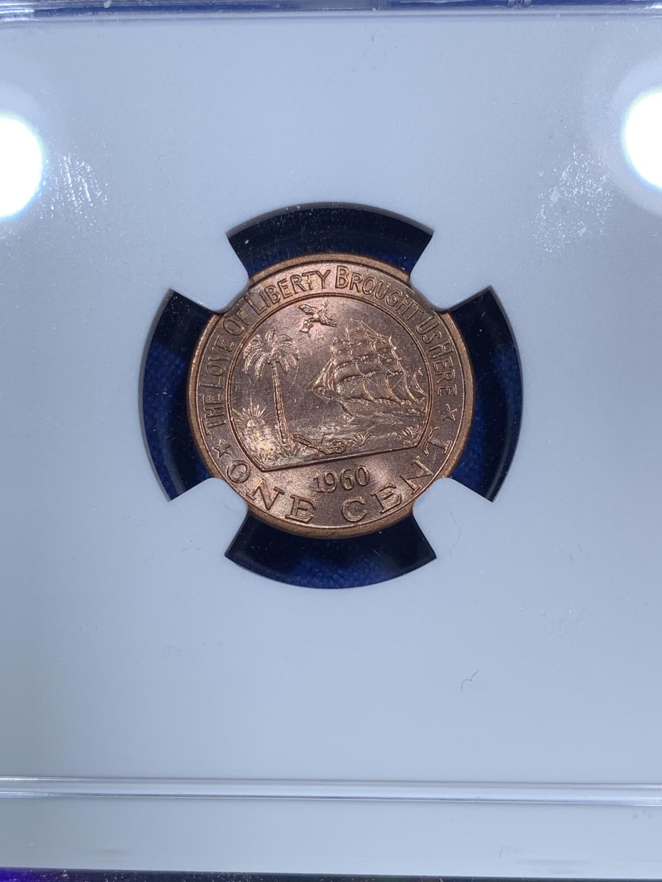 《竞宝斋》第272场- 周日，周一，周二  3场连拍 （全场包邮） NGC MS64RB 利比里亚1960年大象1分小铜币