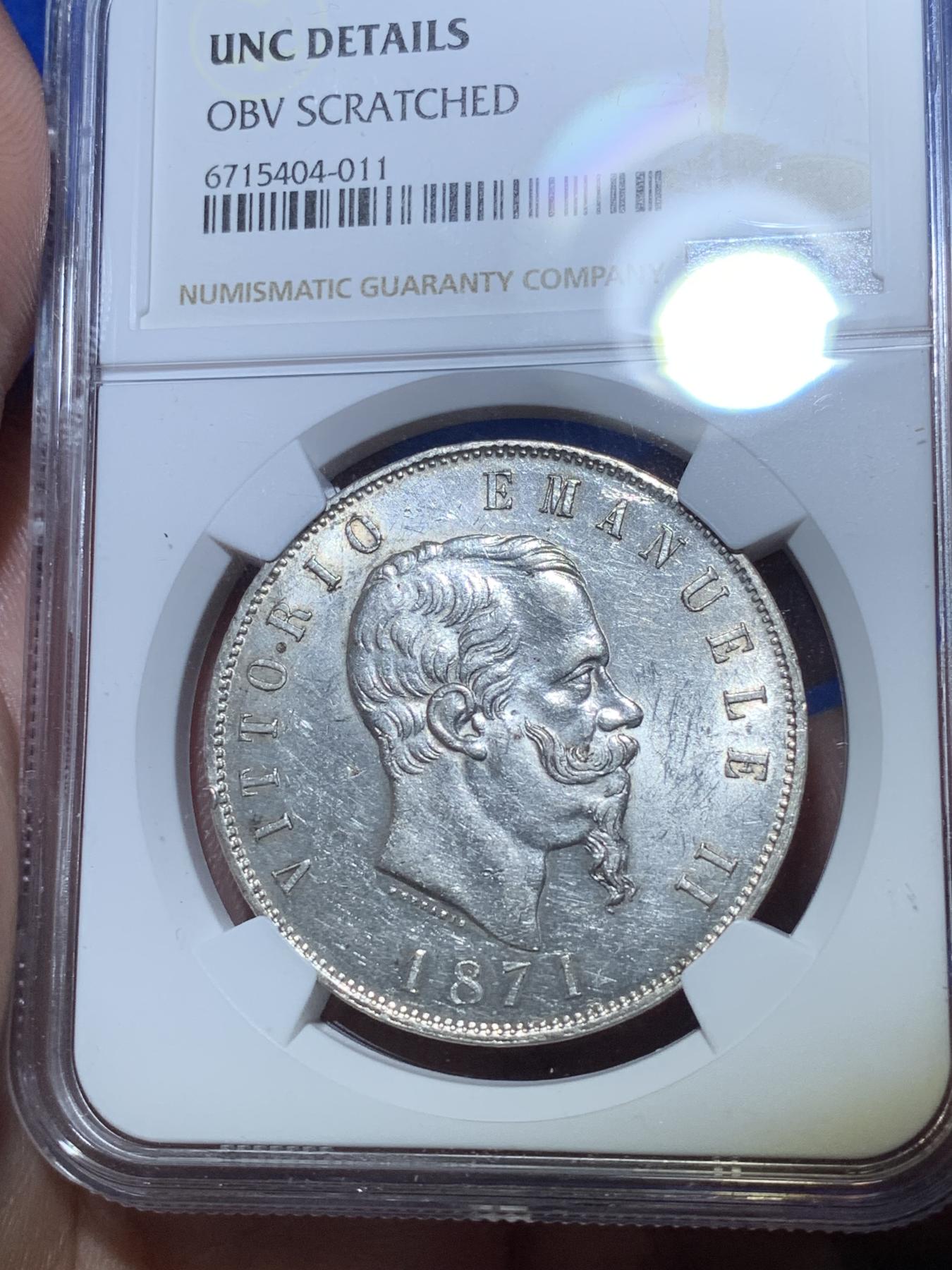 《竞宝斋》第272场- 周日，周一，周二  3场连拍 （全场包邮） NGC UNC 意大利 1871年 5里拉银币 埃马努埃莱二世 经典大银币 细节很好 没分可惜了