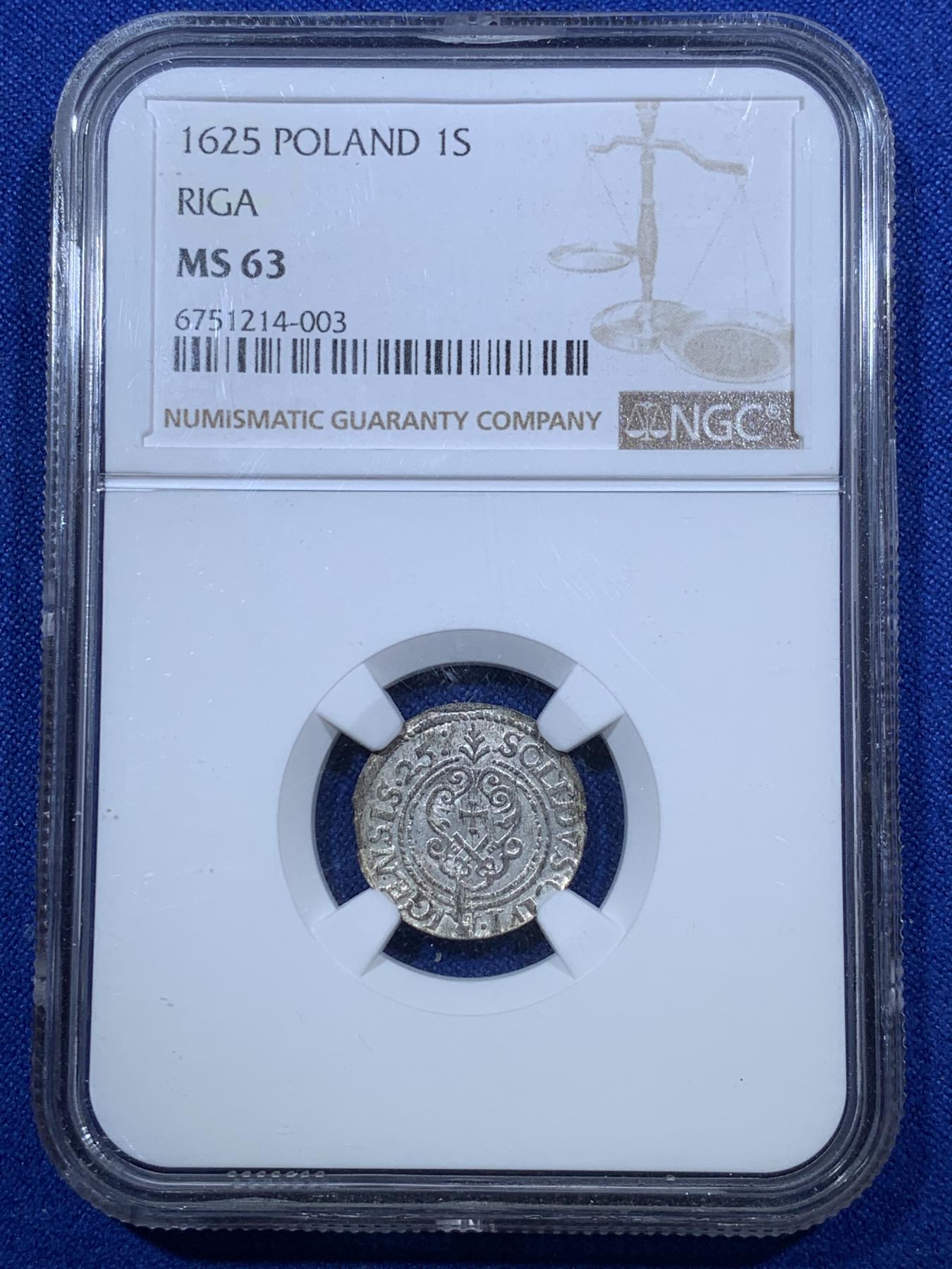 《竞宝斋》第272场- 周日，周一，周二  3场连拍 （全场包邮） NGC MS63 波兰1625里加银希林 难得品相
