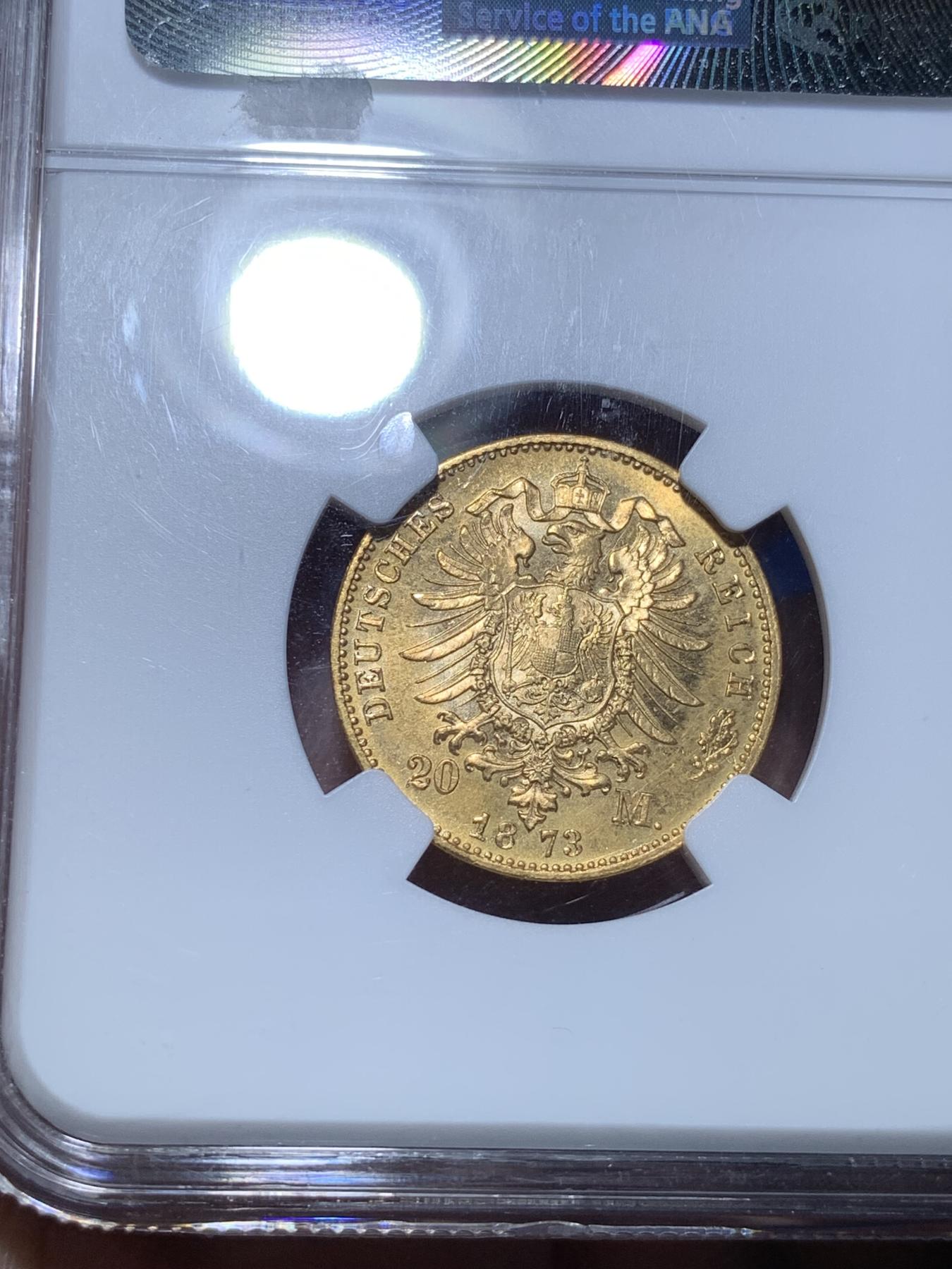 《竞宝斋》第272场- 周日，周一，周二  3场连拍 （全场包邮） NGC MS63 德国巴伐利亚1873 路德维希二世 20马克金币 首拍品种 非常难得