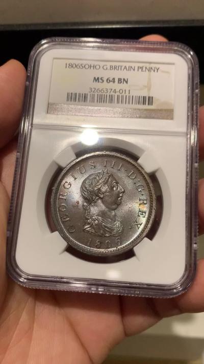 《竞宝斋》第272场- 周日，周一，周二  3场连拍 （全场包邮） NGC MS64BN 英国1806年乔治三世1便士铜币（发行仅2个年份的早期大铜币，带有紫色光泽，其出现有特殊背景和历史渊源）