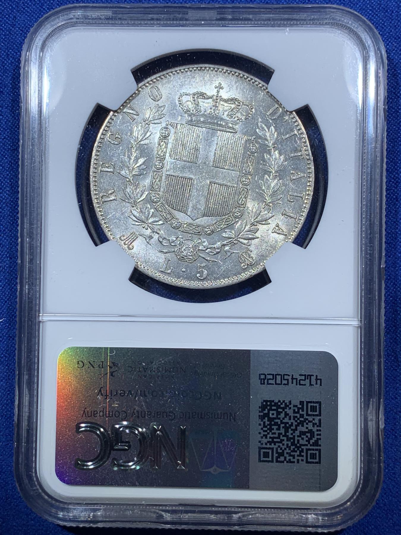 《竞宝斋》第272场- 周日，周一，周二  3场连拍 （全场包邮） NGC UNC 意大利 1871年 5里拉银币 埃马努埃莱二世 经典大银币 细节很好 没分可惜了