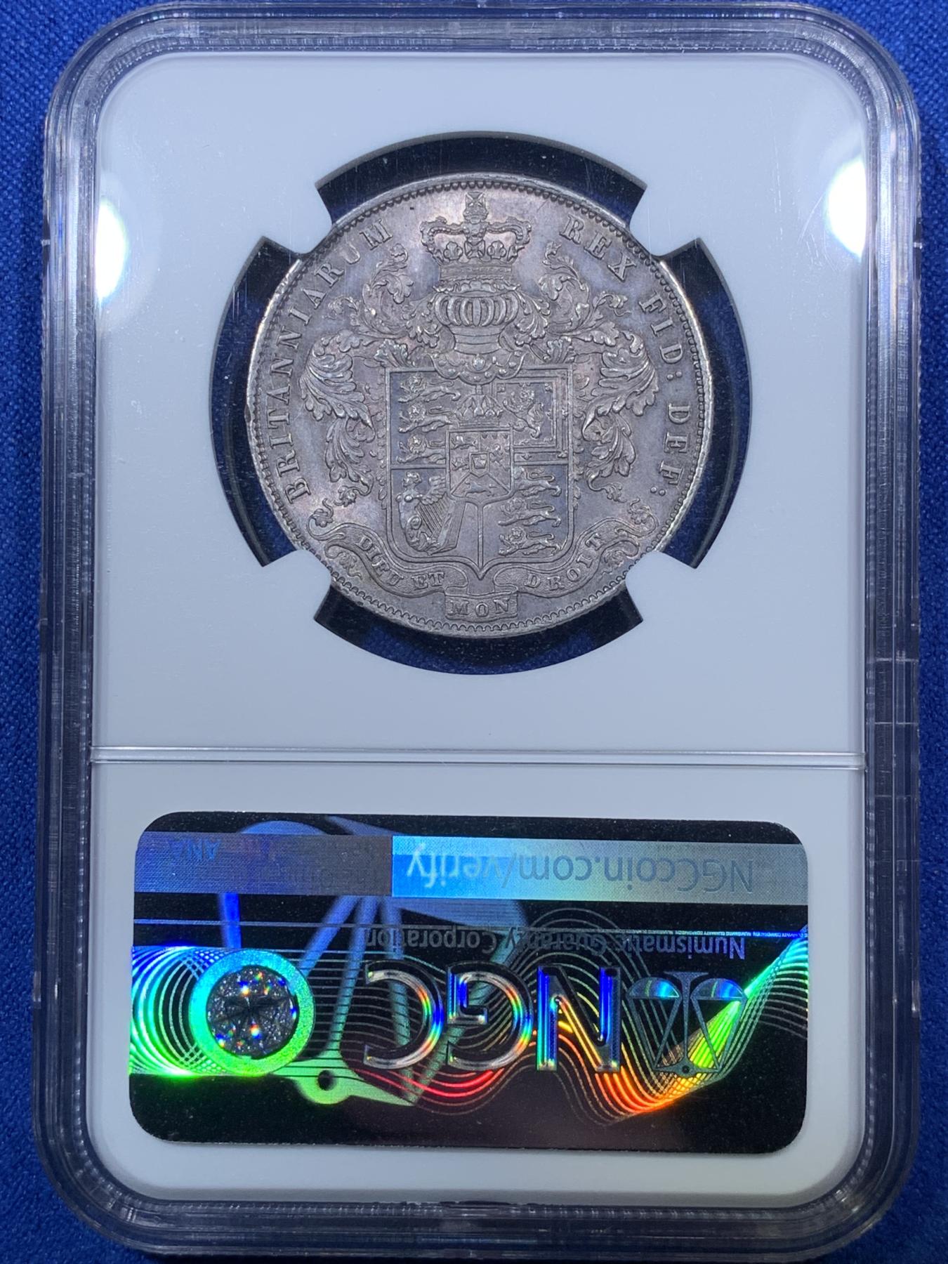 《竞宝斋》第272场- 周日，周一，周二  3场连拍 （全场包邮） NGC MS63 英国1826乔治四世半克朗 盾徽版 背面图案精美 栩栩如生 高品比三花版少见 也比1825少 深彩包浆 收藏佳品 乔四一直都是英系大热！