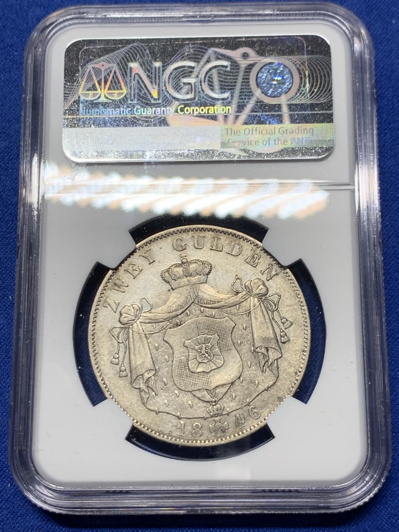 《竞宝斋》第272场- 周日，周一，周二  3场连拍 （全场包邮） 唯一亚军分 NGC AU50 德国 1846 霍亨索伦 2盾银币  21.21克最高55分，4年前7200成交 重量超过后期泰勒不少 对于流通来说4300枚的发行量 足见稀少