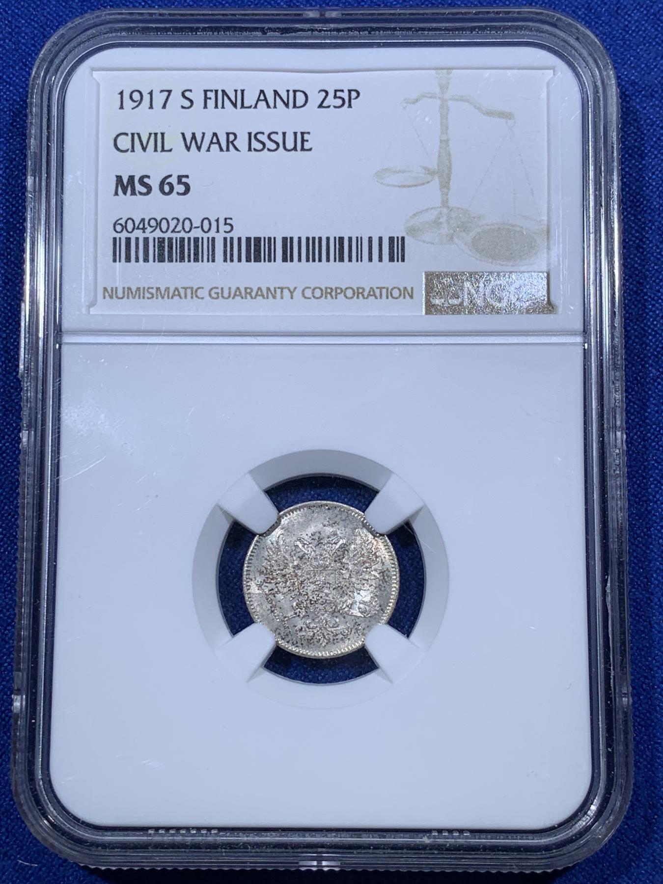 《竞宝斋》第272场- 周日，周一，周二  3场连拍 （全场包邮） NGC MS65 芬兰 1917年 内战25芬尼 银币