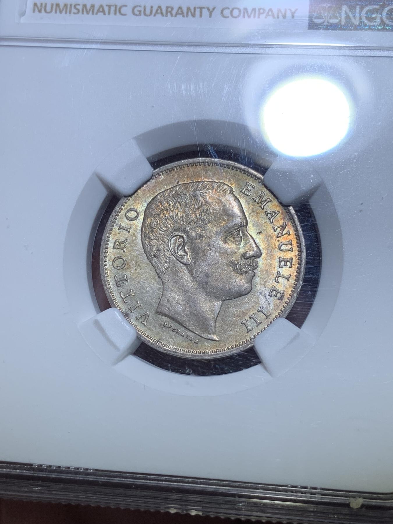 《竞宝斋》第272场- 周日，周一，周二  3场连拍 （全场包邮） NGC MS62 1901年意大利埃马努埃三世1里拉银币 精致漂亮的帝国鹰