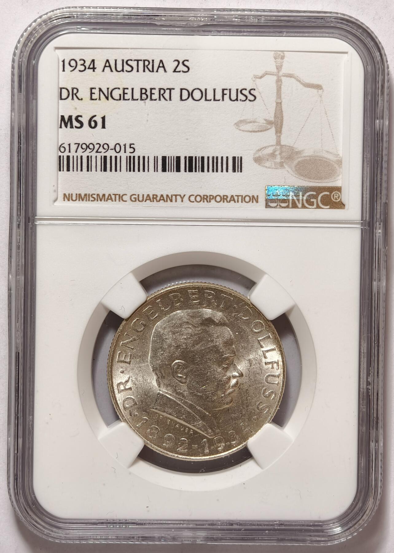 紫瑗钱币——第374期拍卖 奥地利 1934年 恩格尔伯特·多尔夫斯 2先令 银币 NGC MS61