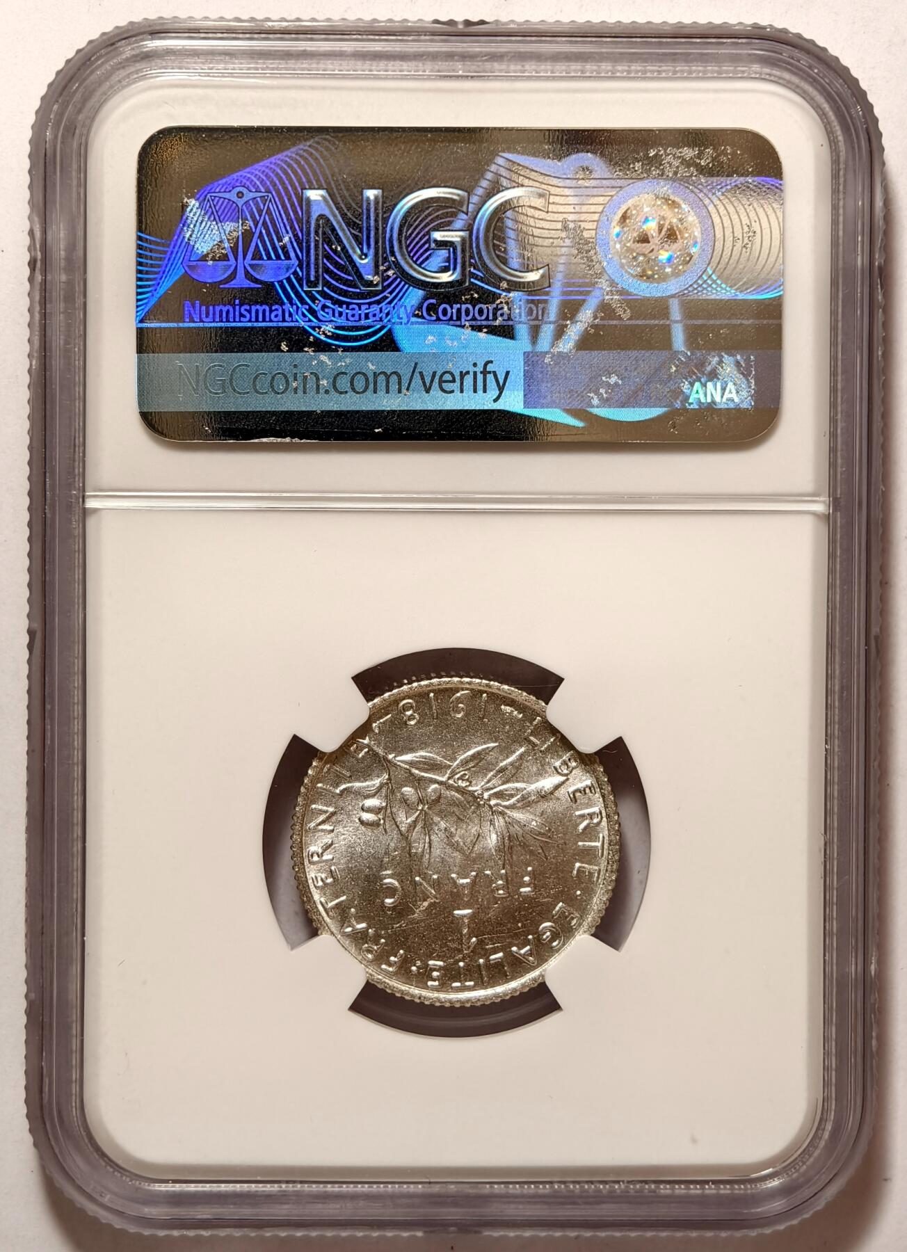 紫瑗钱币——第374期拍卖 法国 1918年 播种女神 1法郎 银币 NGC MS62