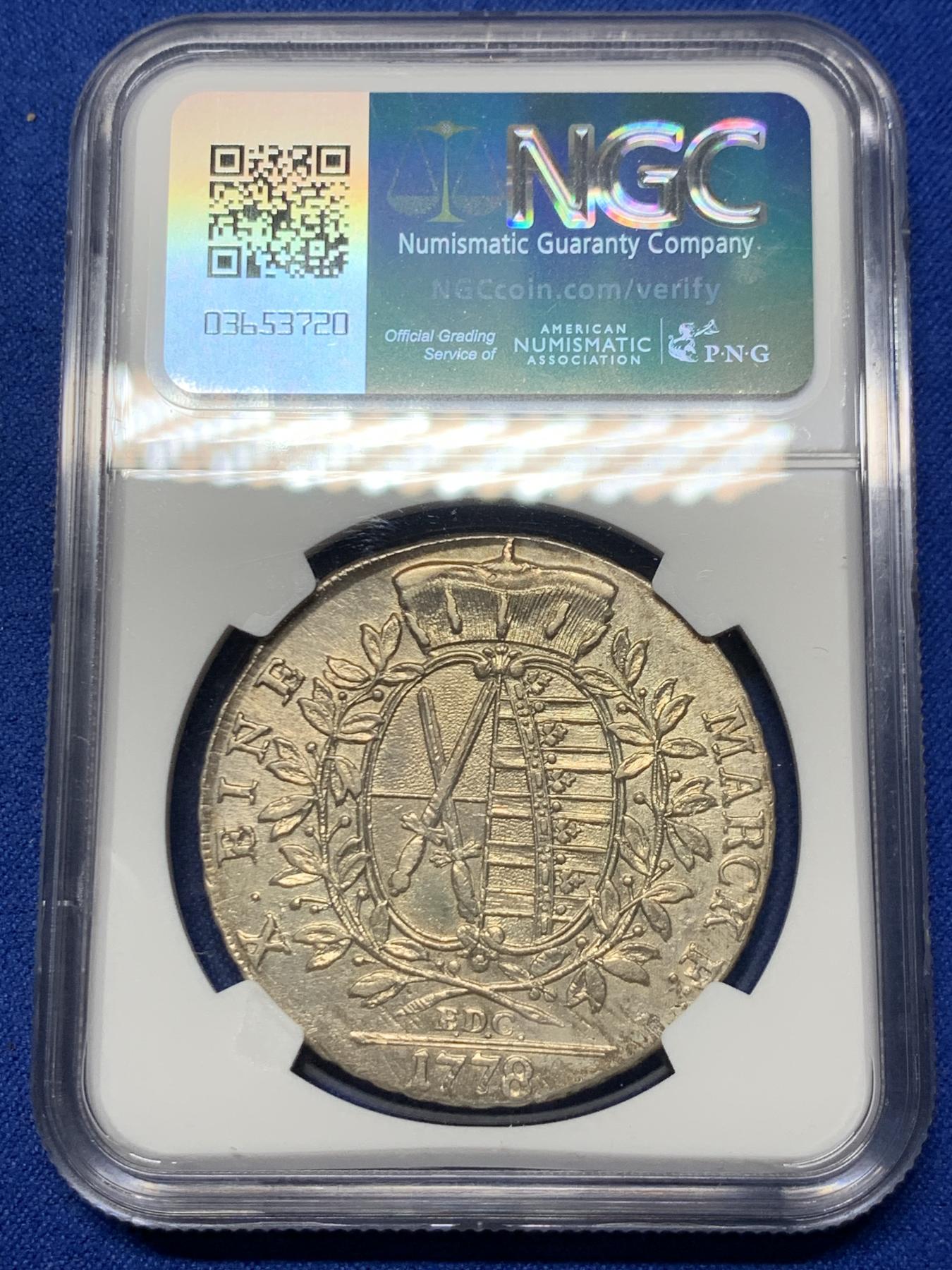 《竞宝斋》第272场- 周日，周一，周二  3场连拍 （全场包邮） NGC AUD 1778年神圣罗马帝国时期萨克森选帝侯银币 1泰勒 萨克森选帝侯腓特烈.奥古斯特三世 此枚为早期的小头像版本比较少见